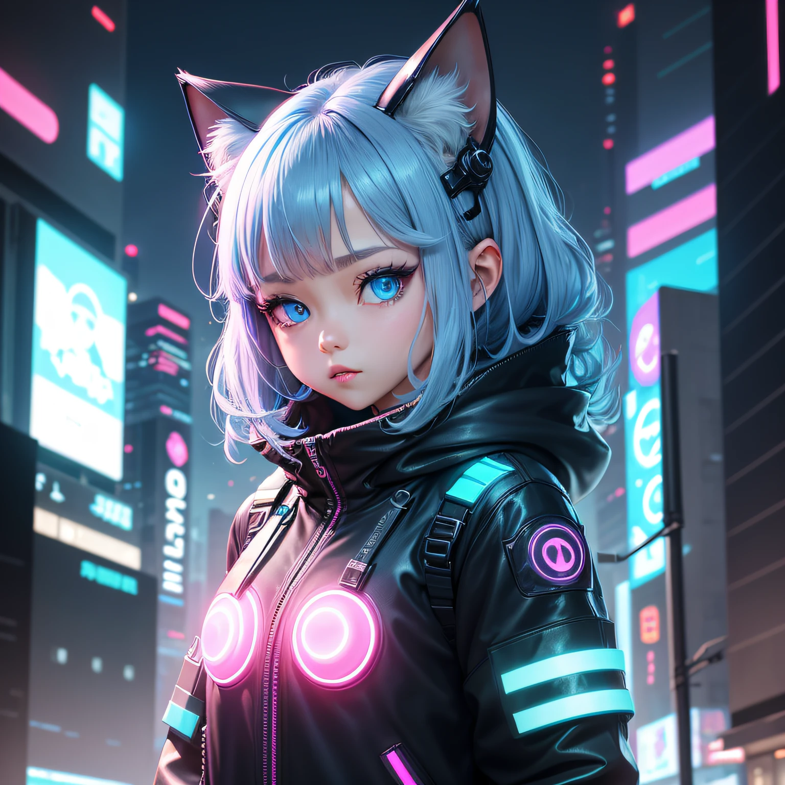 Futuristic cat-eared girl character、Draw Aimira。She has neon blue eyes.、Wearing cyberpunk-inspired accessories。Clothing is made of hologram material、It is designed in the image of IT technology.。The expression is curious、Please express a cheerful and energetic appearance。The backdrop is the futuristic city of neon Tokyo、Keep futuristic buildings and digital elements visible。