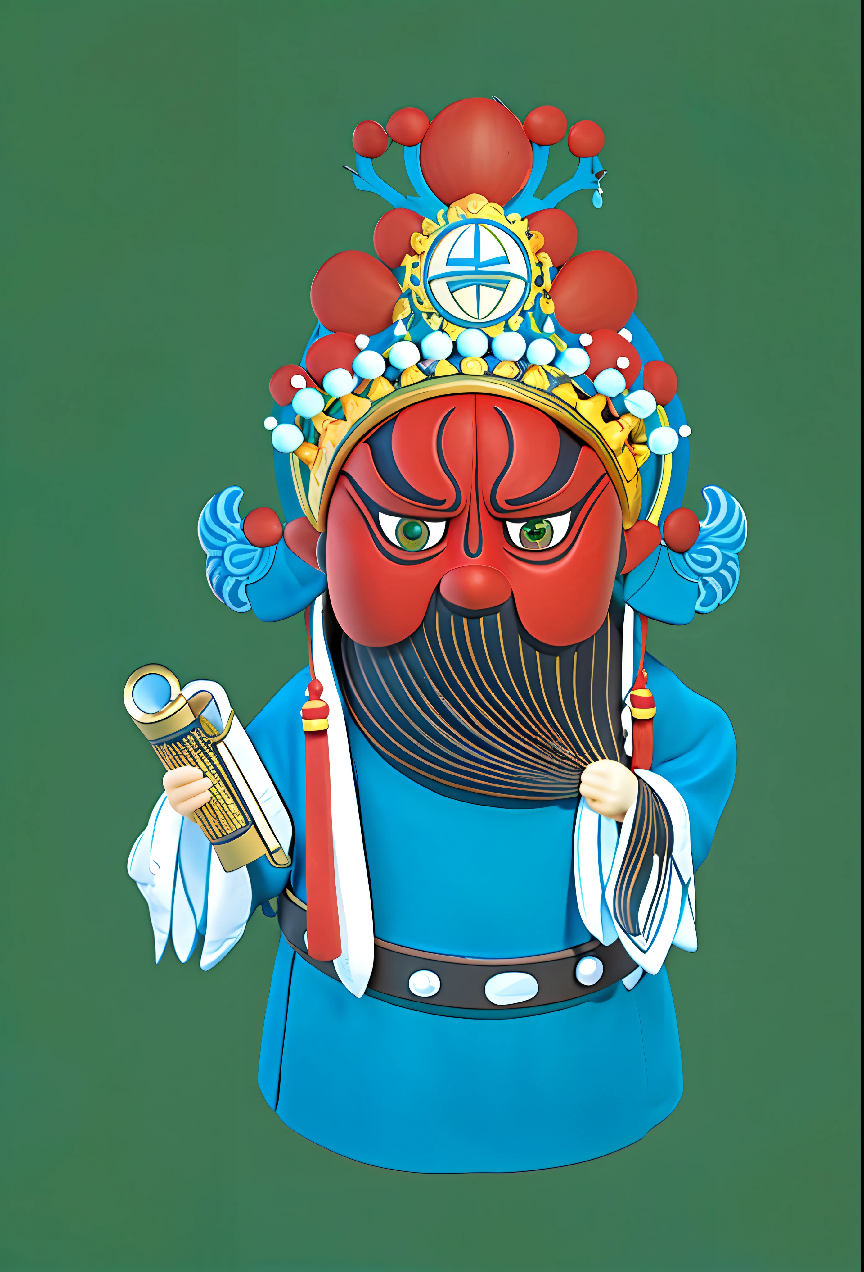 3Drenderingof,1boys，Red-faced，Opera masks，Long beard，Blue clothes，obi strip，nipple tassels，Wide sleeves，detail in face，Traditional Chinese art，Facial makeup，，bucket-hat，Holding a scroll in his hand，simple backgound，Green background，tiara crown，looking at viewert，with brown eye，full-body portraits，5 Unreal Engine Tips，A detailed，4K，illustratio，