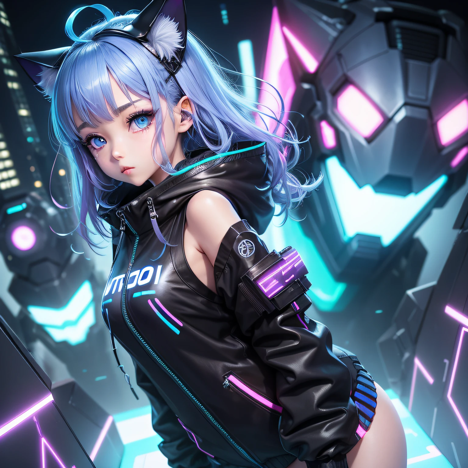 Futuristic cat-eared girl character、Draw Aimira。She has neon blue eyes.、Wearing cyberpunk-inspired accessories。Clothing is made of hologram material、It is designed in the image of IT technology.。The expression is curious、Please express a cheerful and energetic appearance。The backdrop is the futuristic city of neon Tokyo、Keep futuristic buildings and digital elements visible。
