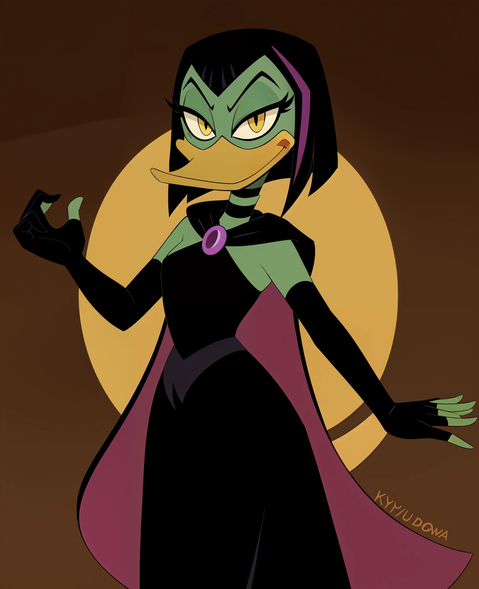 (ducktales:1.4) (by kyurisawa:1.2) (by chelodoy:1) (by ashraely:1) (anthro duck:1.2) solo, magica de spell, female, anthro, duck, beak, ducktales, black hair, elbow gloves, fingerless gloves, cape, black dress, green skin, narrowed eyes, smile, standing, black mascara, choker, yellow eyes, full-length portrait:1.1