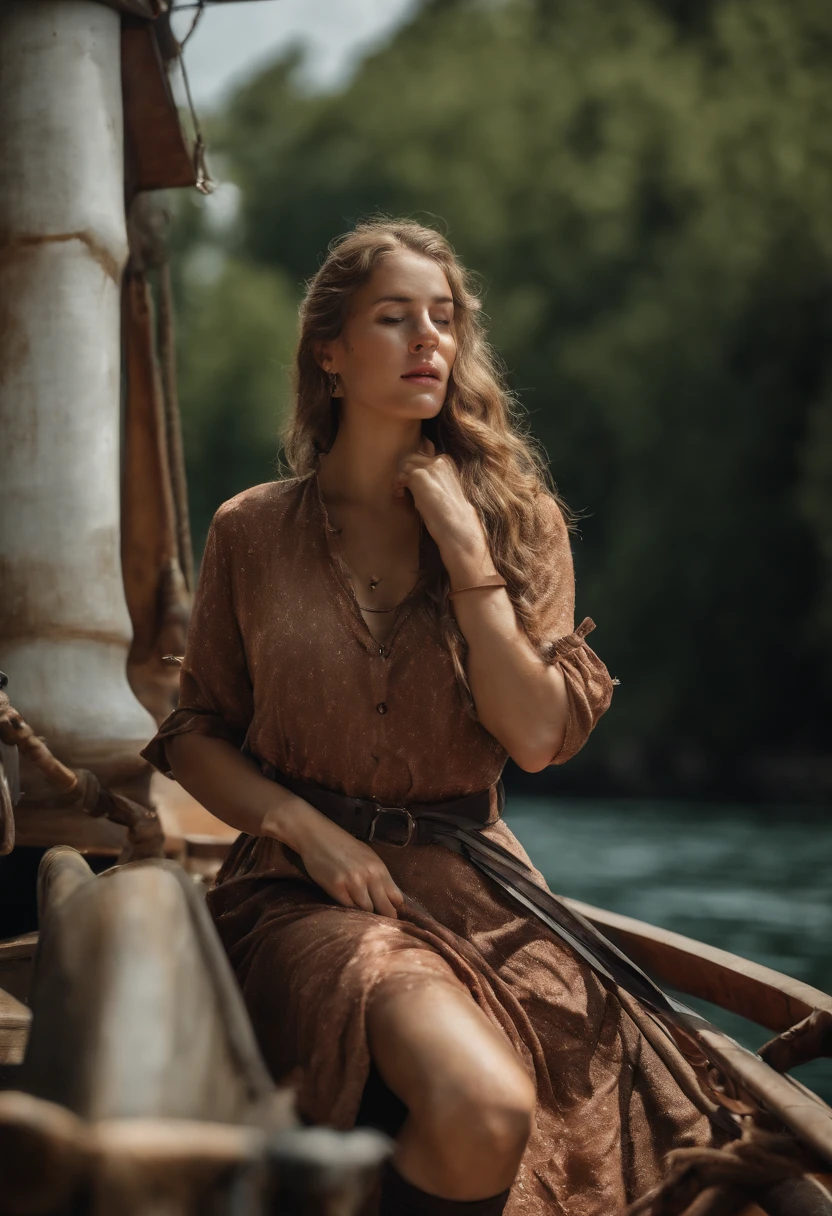 Best Quality, masuter piece, 超A high resolution, (Photorealistic:1.4), Raw photo, Professional Lighting, high-level image quality, high-detail, ​masterpiece、mare、mare、Sunnyday、Pirate Ship、Sail ships、view from front、blue-sky