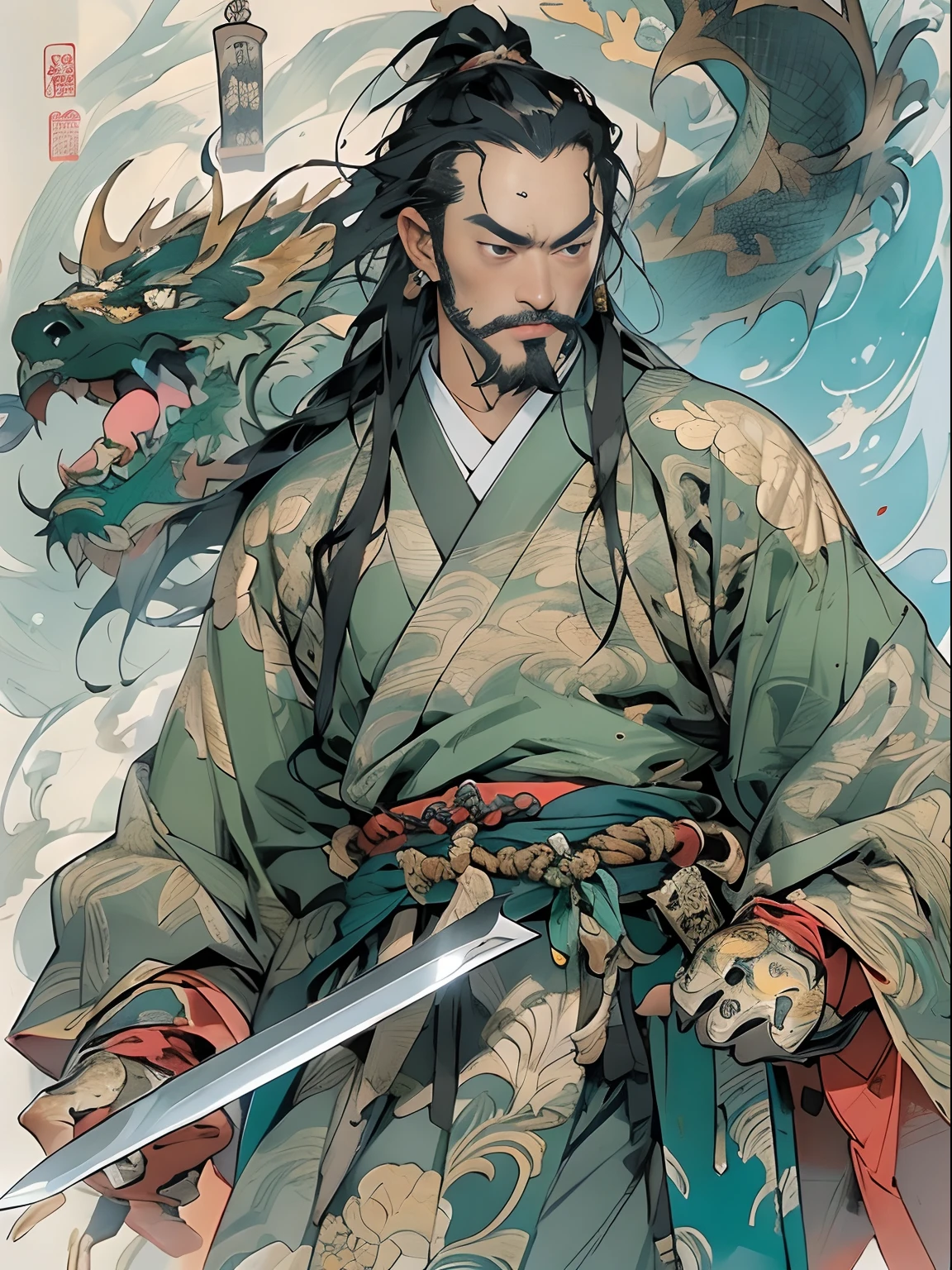 (((China-style,Ink painting method,Half-length portrait,Intense color,Han dynasty, China,Hanfu,Armor,Guan yu,Guan Yunchang,of a guy,Ruddy killing square face,Hold the Blue Dragon Moon Knife in his right hand,Stroke your beard with your left hand,Long hair,petty eyes,Green robe))), (((best qualityer))), (((tmasterpiece))), (((AS-Adult))), ((( Japanese ))), Look up from your knees, Handsome Asian samurai,perfect body figure, Modern samurai, ((( Asian))), Wear gloves on your hands,The left arm is made of steel and metal tips,Made of protective devices, The eyes are pulled, (( Appears below the chest )), (( Small dental floss )), Simon Bisley, Almost naked(Simon Bisley)Castle City Wilderness,For high-resolution posters, hair straight, Minimum clothing, armure (Crazy clothes ), Full of tips and rivets, tribal tattoos, (((full bodyesbian))), Straight brunette hair,Colored hair ends