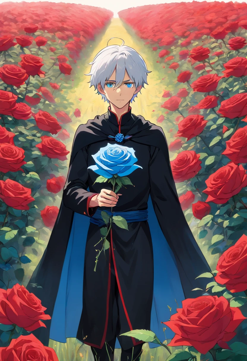 A young man with white hair and red eyes in a black outfit with a white cape with blue details holding a blue rose in his hand in a field of red roses