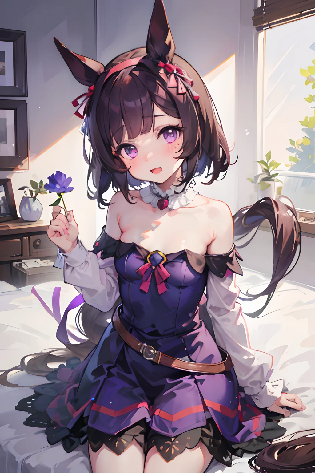 NSFW,bared  chest,Revealing clothes,Uma Musume's Nishino Flower,Uma Musume,Nishino flower,Marl,shorth hair,Red headband,Beautiful purple eyes,Black dress,bow ribbon,small tits,Lori,cute little,Curvaceous,Smile with open mouth,red blush,Shy face,Top image quality,Best Quality,Masterpiece