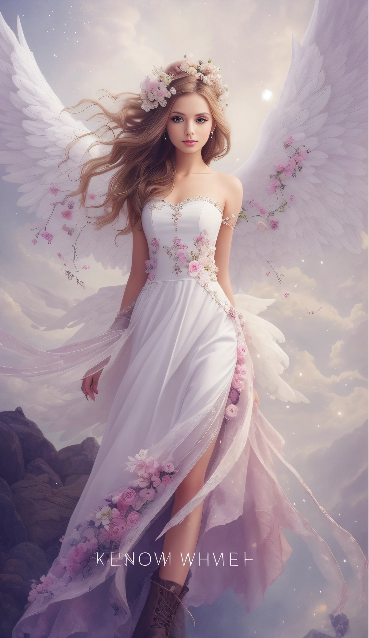 Draw a woman in a white dress,It has wings and flowers on it, beautiful angel, full - body majestic angel, beautiful female angel, of an beautiful angel girl, tall female angel, beautiful angel, angel girl, Portrait of a beautiful angel, angelicales, beautiful angel girl portrait, winged girl angel, beautiful fantasy art, beautiful angelical wings, ethereal wings,leather boots