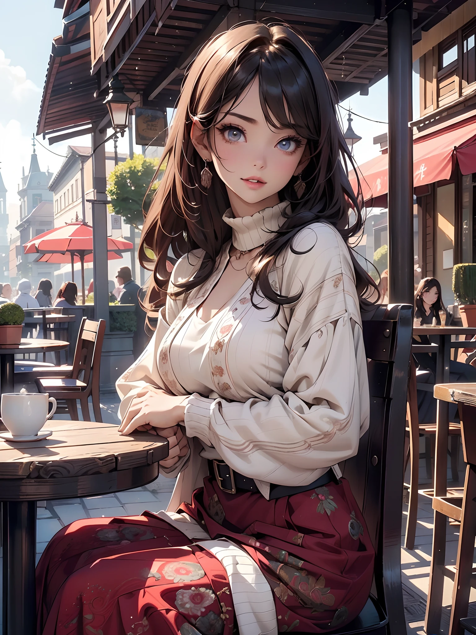 in 8K、masutepiece、reallistic、masterpiece、 top-quality、The ultra -The high-definition、ighly detailed、超A high resolution, (fidelity: 1.2)、细致背景、extremely details CG、Isotometric、Angle from high position,((Low Angle Full Body Shot)),Soft light illumination、 Houseplants of standing trees、(European-style city、Old buildings、Detailed cityscape、A lively street café、Table seating)、Woman sitting on chair in seat、Looking at the viewer、medium-sized chest、hand holding cup of coffee、de pele branca、Beautuful Women、(Subject's eyes、A detailed eye、Narrow eyes、Almond Eye、Beautiful black eyes、Bright pupils、Gradient Eyes、finely detailed beautiful eye、big highlight on eyes:1.2)、(Red-brown hair、Medium Short、asymmetrical bangs)、(with a belt、long skirt、Paisley pattern、Long sweater in red、flare sleeve、The blanket is draped over the shoulder 、pumps)、thin and long legs、Beautiful hip line、Beautiful spine、constricted back、Toned waist、cheeks are a little red、beutiful breast、Small A cup breasts、Three-dimensional lips、Pouty lips、gloss lips、Glossy lips) 、(Round face: 1.4)、(Fine fingers、detailed arms、detailed human hands)、Laughing、Mouth open、teeth showing、full body focus