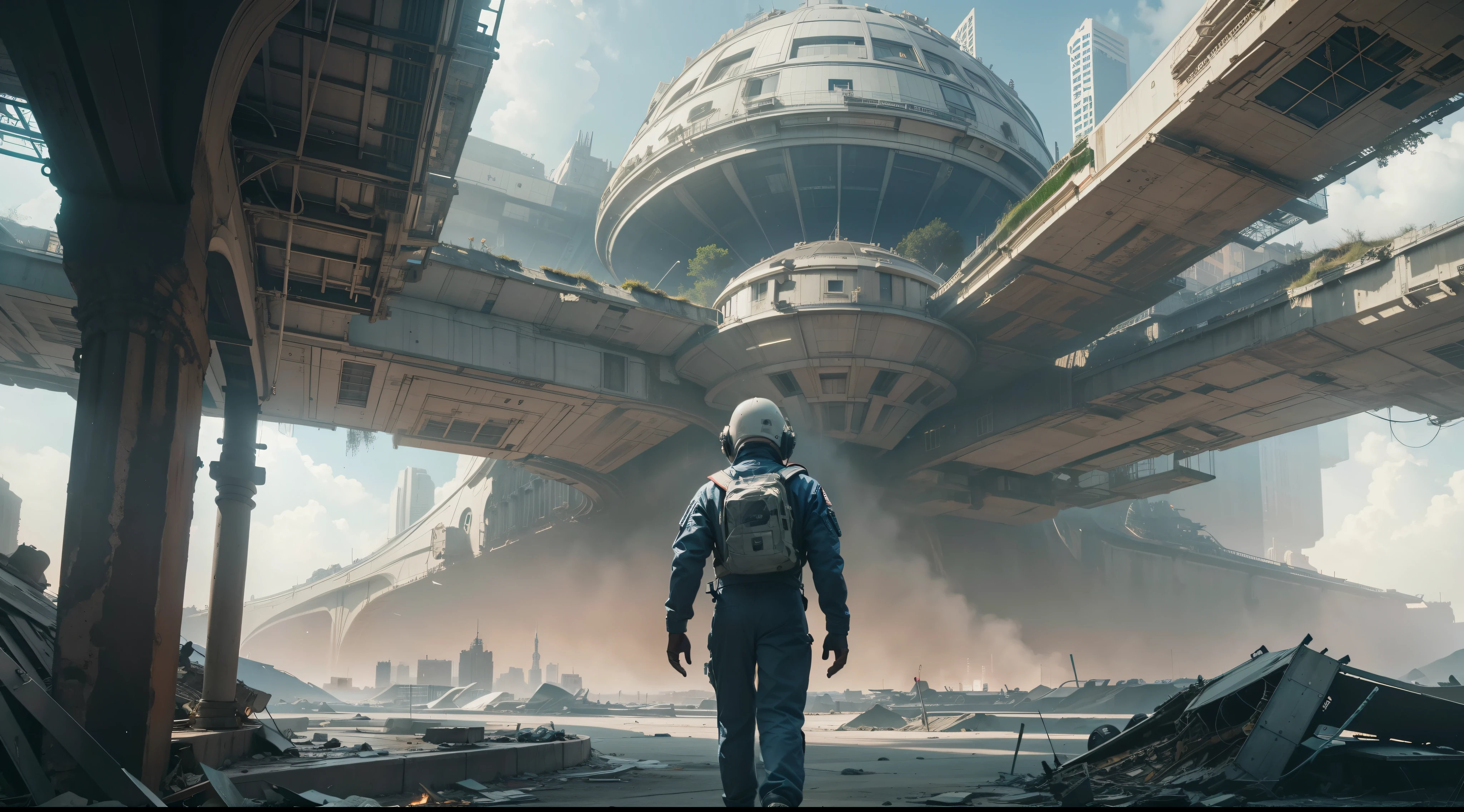 Astronauts are exploring the ruins of a futuristic city. The scene was full of anticipation and mystery. Perspective Overlook The scene is full of intricate details, Show off cinematic style ,surrealism, hyper photorealism, Chiaroscuro, Depth of field, JPEG artifacts, Wide shot, Perspective, Atmospheric perspective, in a panoramic view, Lens flare, hyper HD, Masterpiece, ccurate