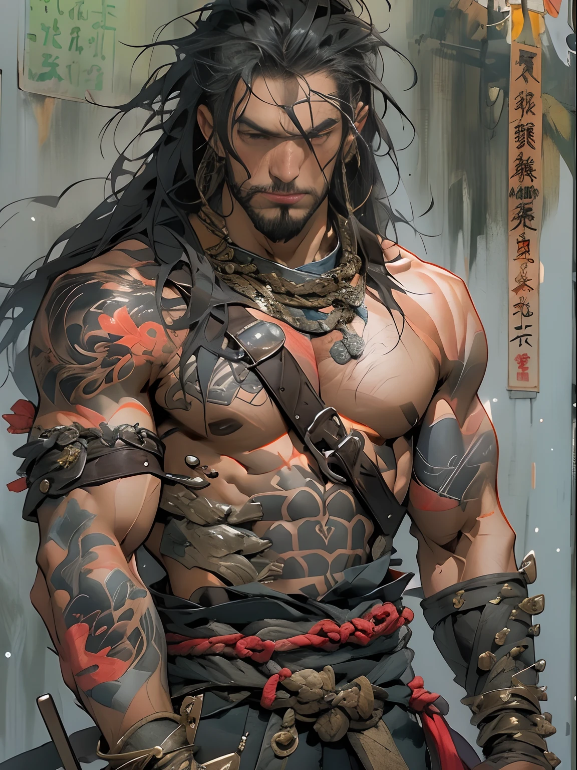 (((mtu))), (((best qualityer))), (((tmasterpiece))), (((AS-Adult))), ((( Japanese ))), Look up from your knees, Handsome Asian samurai,perfect body figure, Modern samurai, ((( Asian))), Wear gloves on your hands,The left arm is made of steel and metal tips,Made of protective devices, The eyes are pulled, (( Appears below the chest )), (( Small dental floss )), Simon Bisley, Almost naked(Simon Bisley)Castle City Wilderness,For high-resolution posters, hair straight, Minimum clothing, armure (Crazy clothes ), Full of tips and rivets, tribal tattoos, (((full bodyesbian))), Straight brunette hair,Colored hair ends