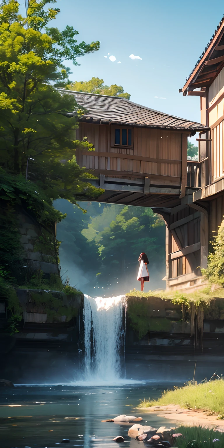 Vast landscape photos、Girl looking up at a big water wheel、early evening