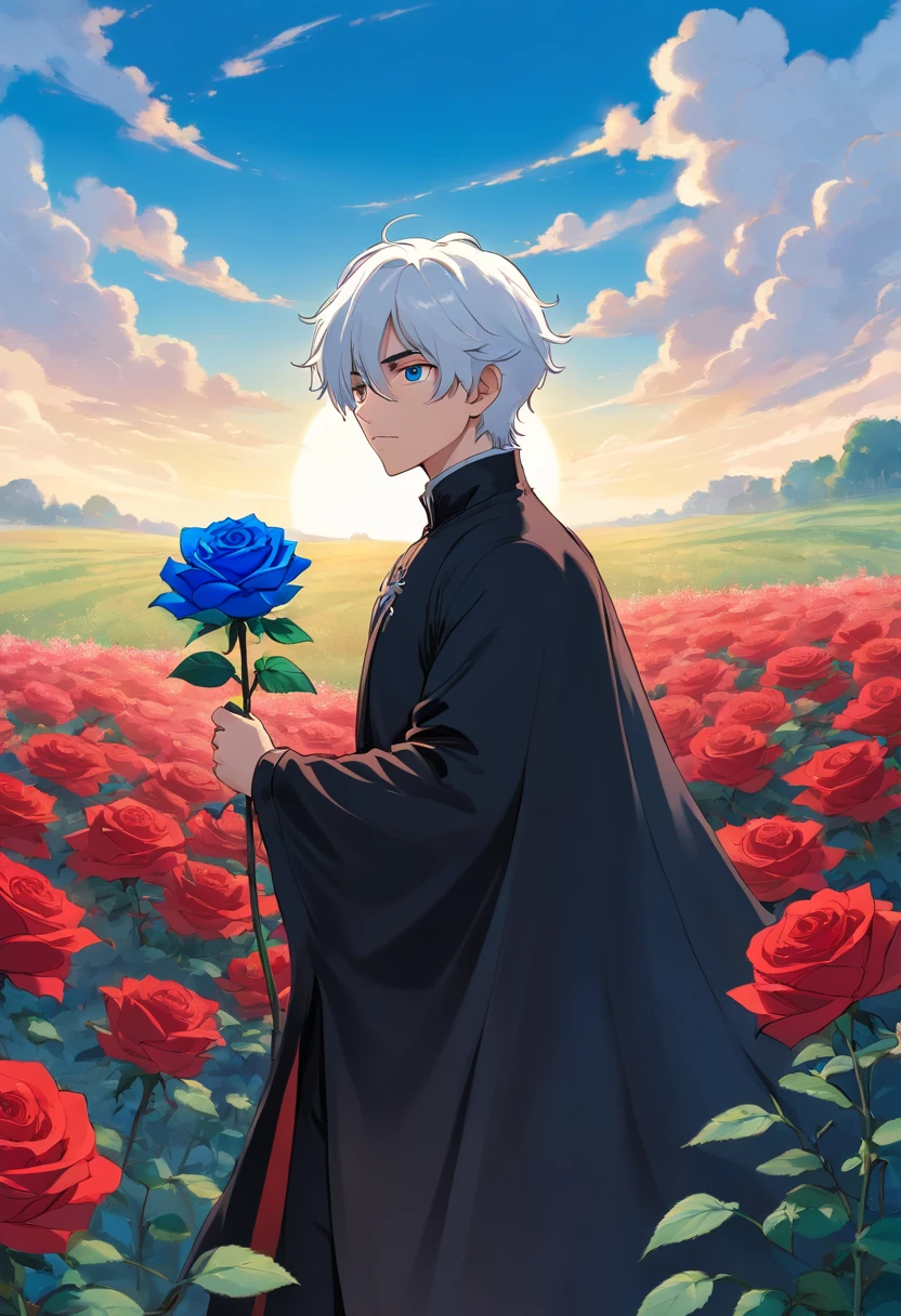 A young man with white hair and red eyes in a black outfit with a white cape with blue details holding a blue rose in his hand in a field of red roses