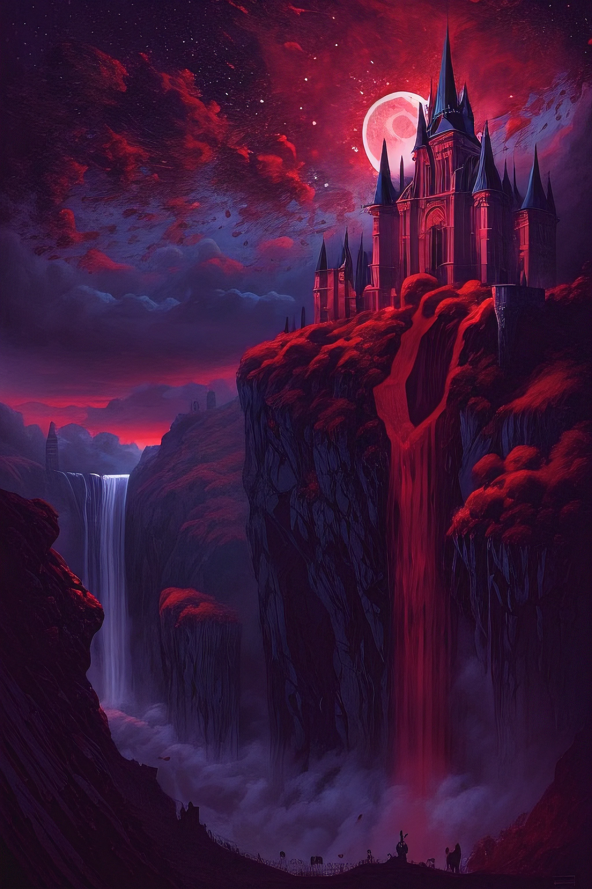 waterfall of (blood) cascading down a gothic castle on a cliff at night, moon, clouds, low angle shot, digital illustration, detailed, high resolution, high quality, 8k, high saturation, (style of Zdzislaw Beksinski)