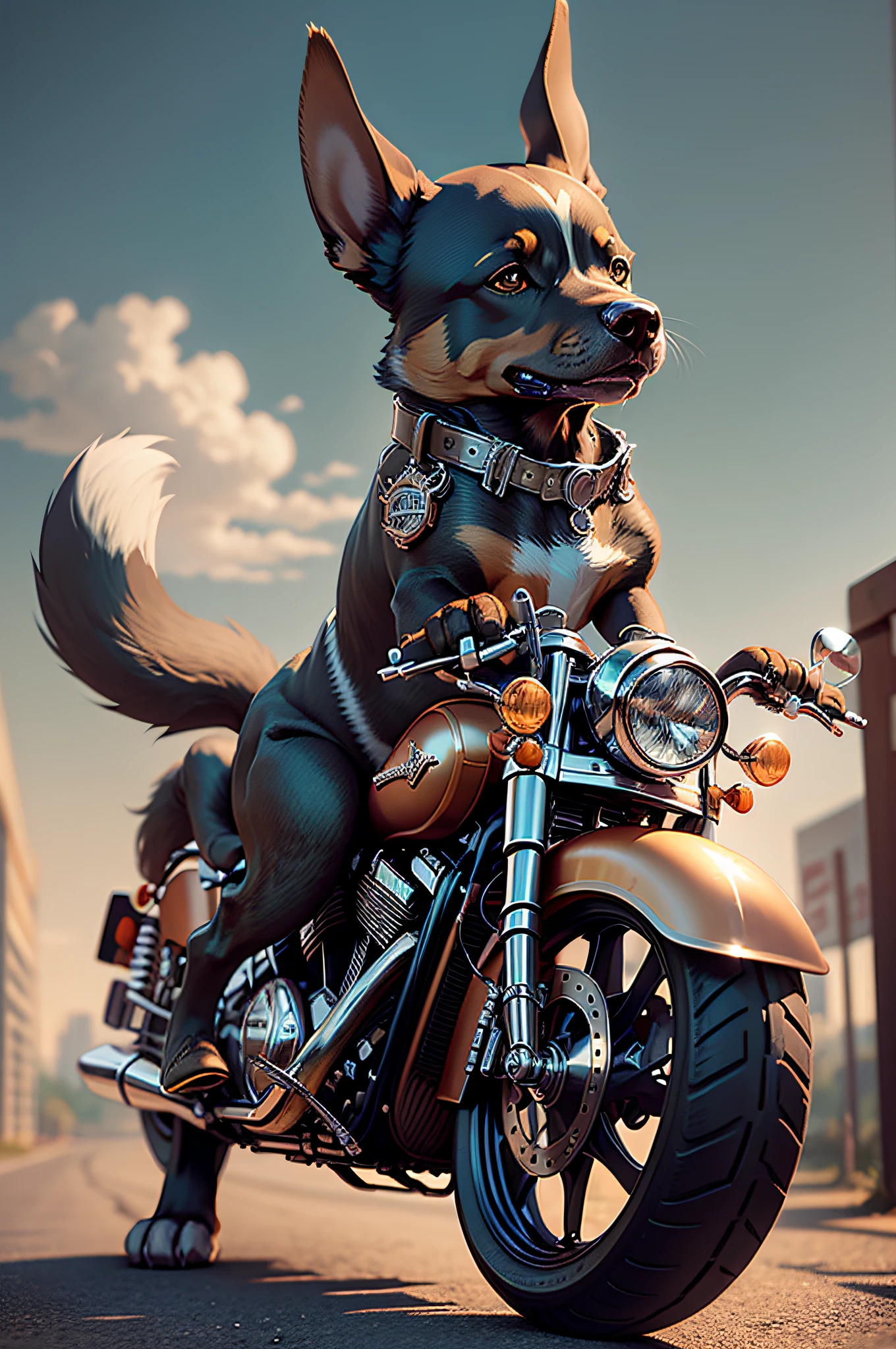 C4tt4stic,Cartoon Doberman dog riding a Harley-Davidson wearing a leather jean(The specifics of the appearance of Doberman dogs、Lunette de soleil)