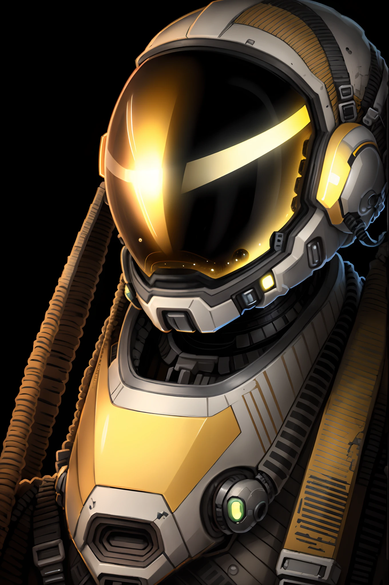 starsector, a portrait of an ancient robot, fundo em branco, foco no rosto, terno de alta tecnologia, Yellow armor with technological helmet with black visor, a post-apocalyptic futuristic city