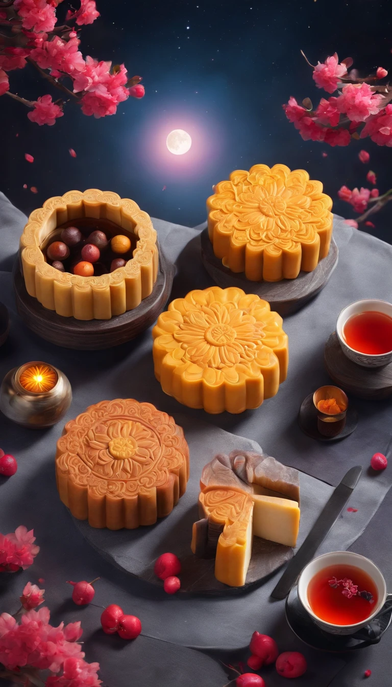 (best quality, 16k, highres, masterpiece:1.2), ultra-detailed, (realistic, photorealistic, photo-realistic:1.37), accurate, highly-detailed, high-quality, retina-level, anatomically correct, shiny, ray-traced, romantic, symmetrical, commercial photography, Mid-Autumn Festival elements, reunion, full moon, nighttime, Cantonese-style mooncakes, tea, fruits, rabbits, Chang'e flying to the moon, glowing, god rays, ray tracing, ultra-high definition, retina display, artistic masterpiece