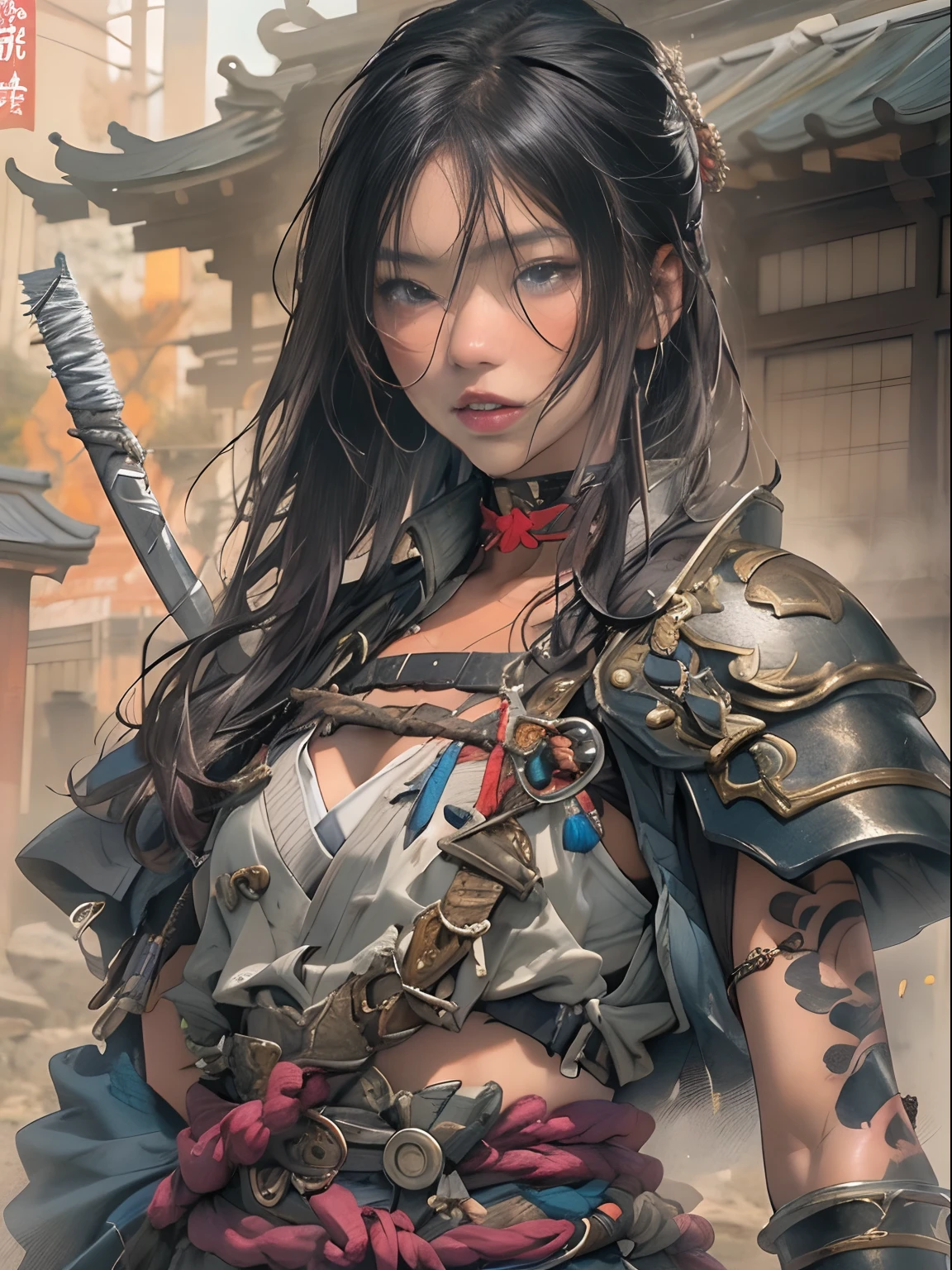 (((woman))), (((best qualityer))), (((tmasterpiece))), (((AS-Adult))), ((( Japanese ))), Look up from your knees, A beautiful asian samurai woman with perfect body, Modern samurai, ((( Asian))), Wear gloves on your hands,The left arm is made of steel and metal tips,Made of protective devices, The eyes are pulled, (( Appears below the breast )), (( Small dental floss )), Simon Bisley, Almost naked(Simon Bisley)Castle City Wilderness,For high-resolution posters, hair straight, Minimum clothing, armure (Crazy clothes ), Full of tips and rivets, tribal tattoos, (((full bodyesbian))), Straight brunette hair,Colored hair ends