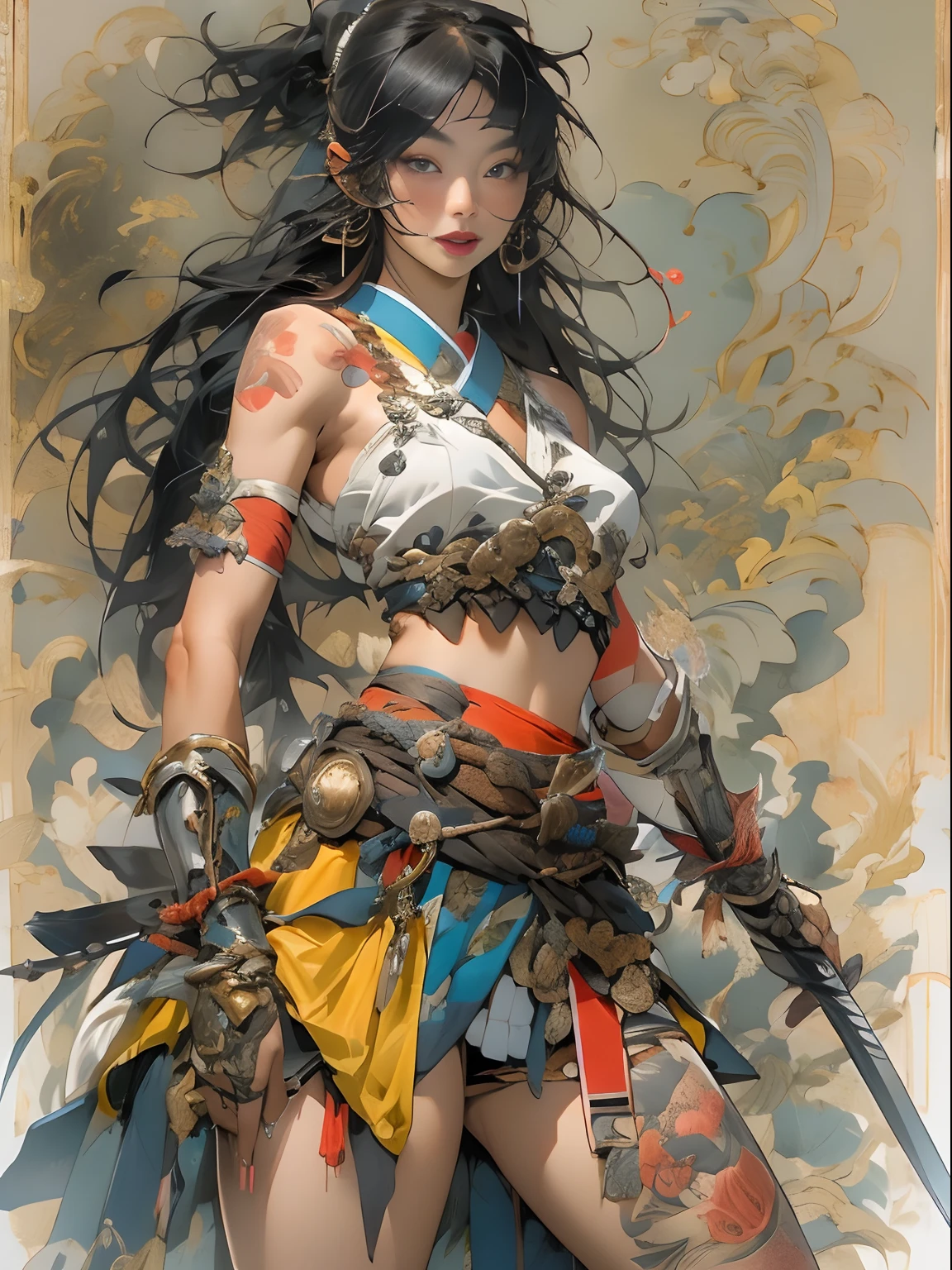 (((woman))), (((best qualityer))), (((tmasterpiece))), (((AS-Adult))), ((( Japanese ))), Look up from your knees, A beautiful asian samurai woman with perfect body, Modern samurai, ((( Asian))), Wear gloves on your hands,The left arm is made of steel and metal tips,Made of protective devices, The eyes are pulled, (( Appears below the breast )), (( Small dental floss )), Simon Bisley, Almost naked(Simon Bisley)Castle City Wilderness,For high-resolution posters, hair straight, Minimum clothing, armure (Crazy clothes ), Full of tips and rivets, tribal tattoos, (((full bodyesbian))), Straight brunette hair,Colored hair ends