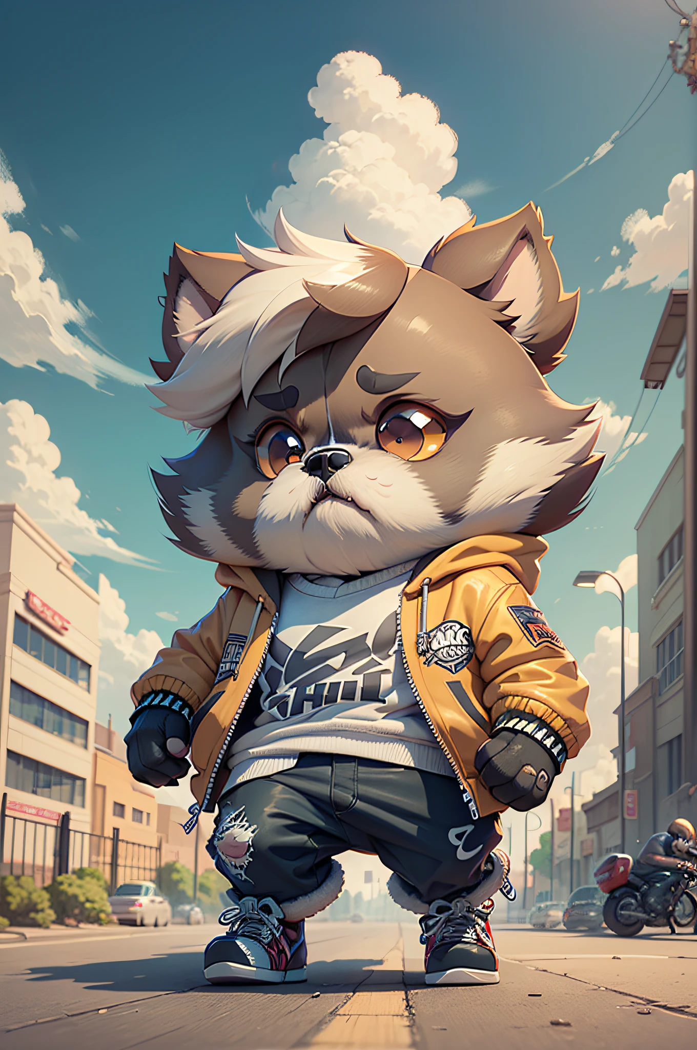 C4tt4stic, Riding a motorcycle、Shih Tzu dog in a skateboard cartoon with jacket（Body hair is camel colored、Details of the appearance of Shih Tzu dogs、Desperate face）