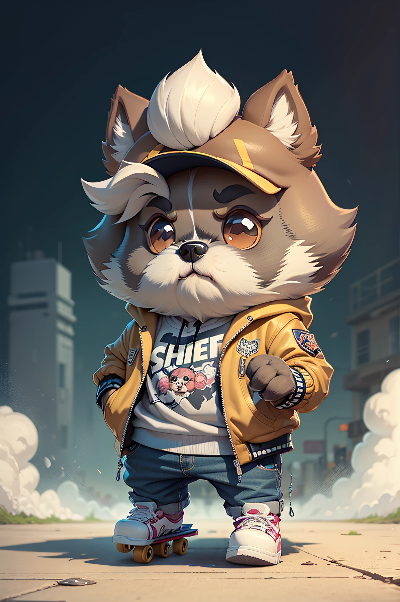 C4tt4stic, Riding a motorcycle、Shih Tzu dog in a skateboard cartoon with jacket（Body hair is camel colored、Details of the appearance of Shih Tzu dogs、Desperate face）