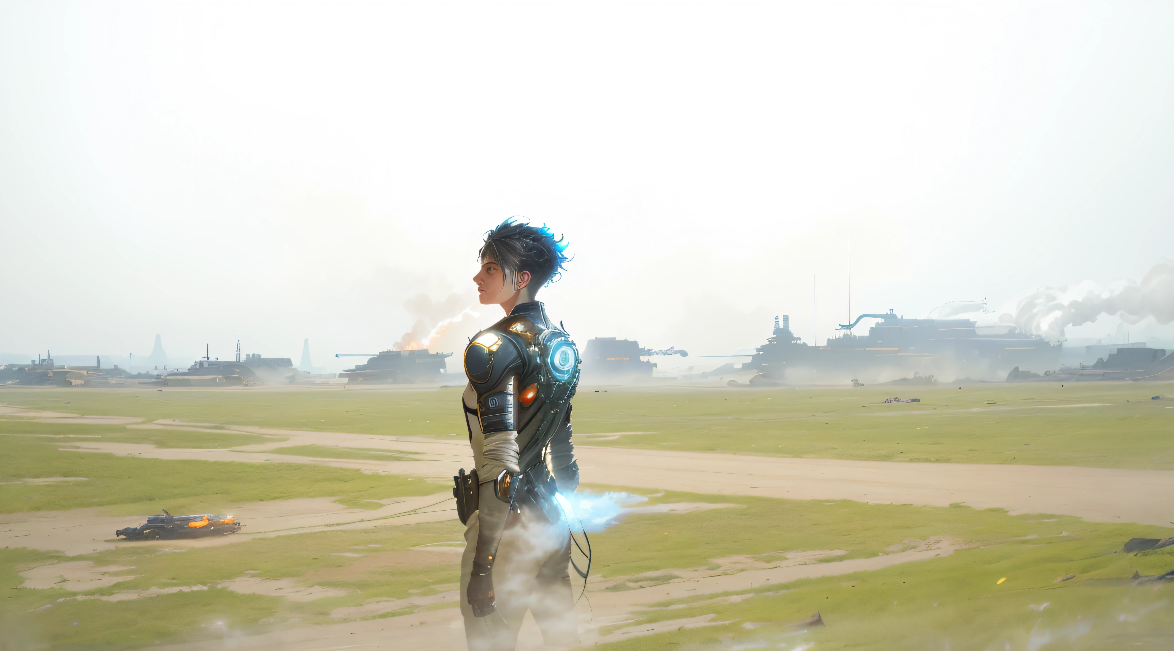 cypunk, futuristic, mechanic, dystopia, trending on artstaion, by greg rutkowski, 8k, boy, glowing eyes, smoke and fire, glowing power aura, dynamic view