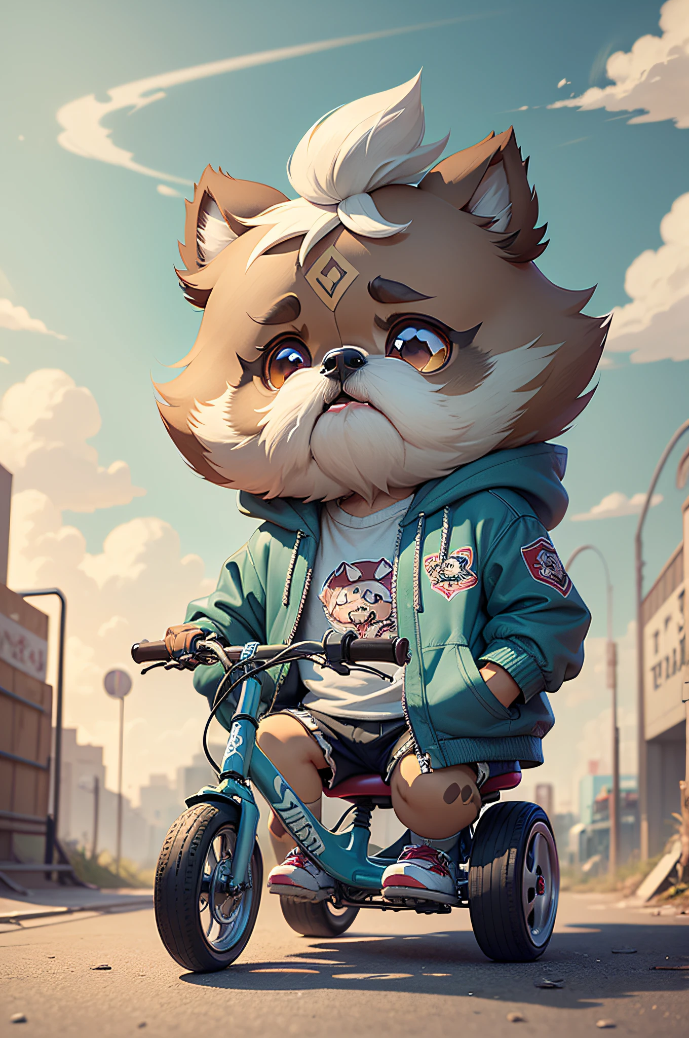 C4tt4stic, Desperately riding a children's tricycle、Shih Tzu dog in a skateboard cartoon with jacket(Body hair is camel colored、Details of the appearance of Shih Tzu dogs、Desperate face)