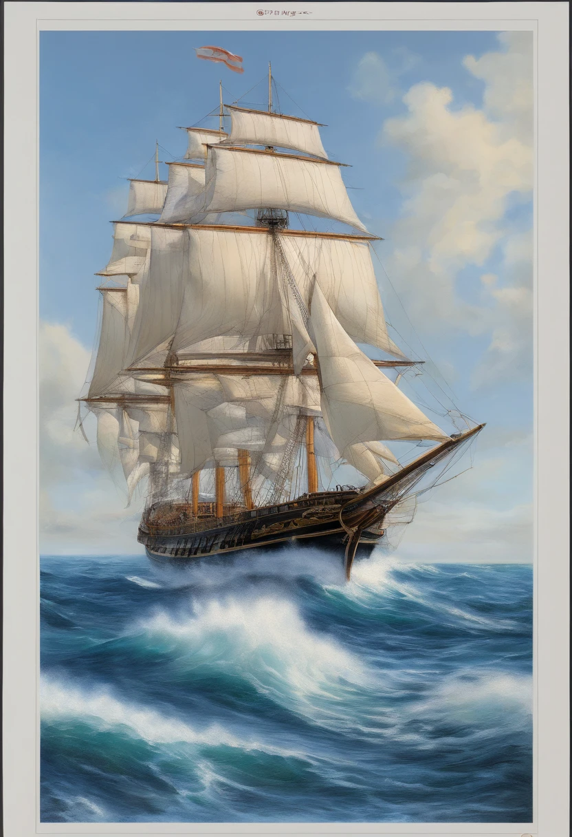 Best Quality, masuter piece, 超A high resolution, (Photorealistic:1.4), Raw photo, Professional Lighting, high-level image quality, high-detail, masterpiece、Mare、the ocean、Sunnyday、Pirate Ship、Sail ships、view from front、blue-sky