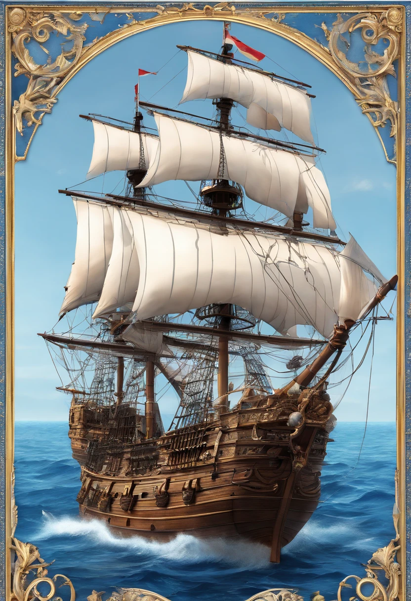 Best Quality, masuter piece, 超A high resolution, (Photorealistic:1.4), Raw photo, Professional Lighting, high-level image quality, high-detail, masterpiece、Mare、the ocean、Sunnyday、Pirate Ship、Sail ships、view from front、blue-sky