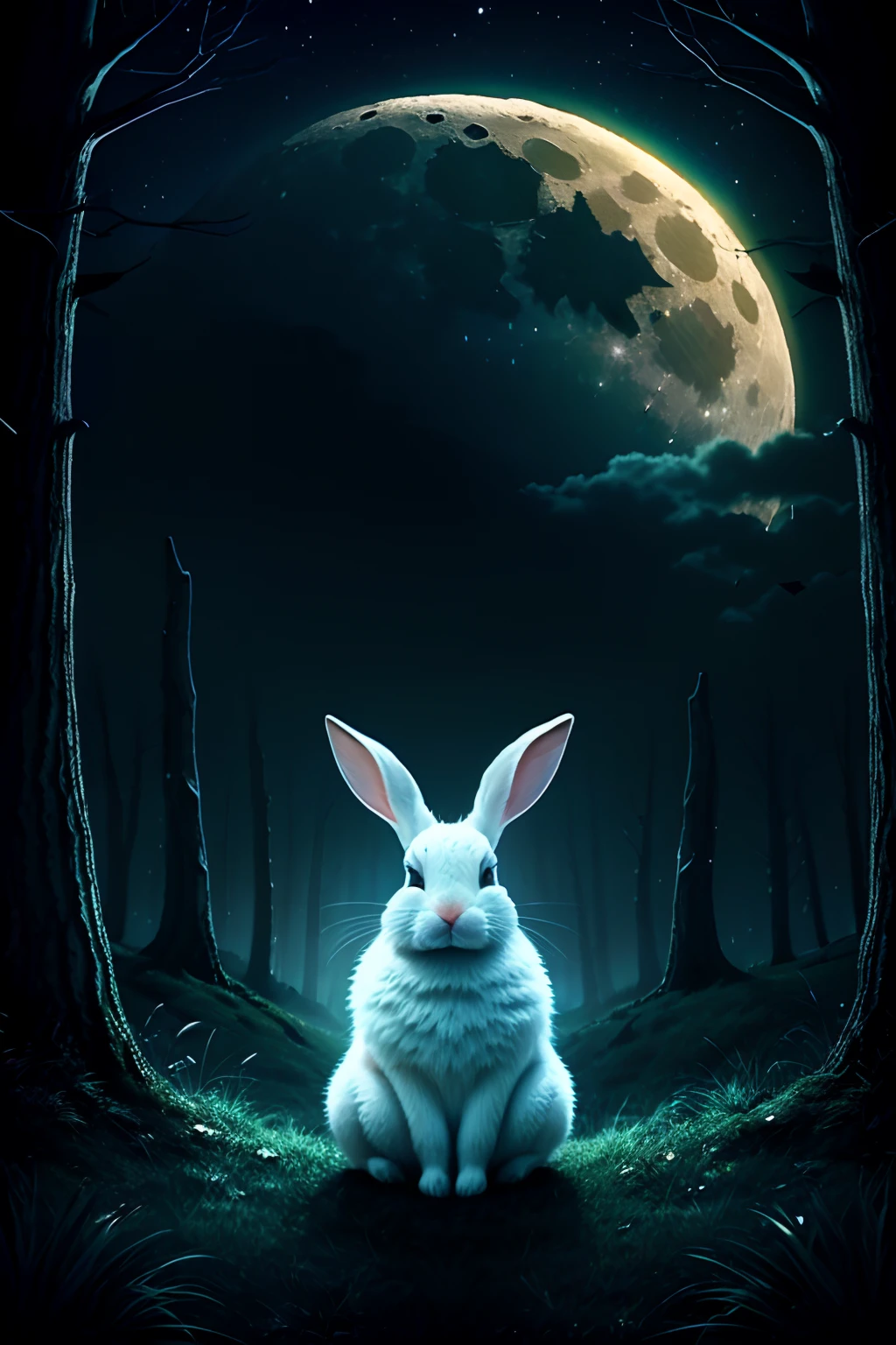 adorable rabbit，super high image quality，themoon，the woods，magic，smog，the night