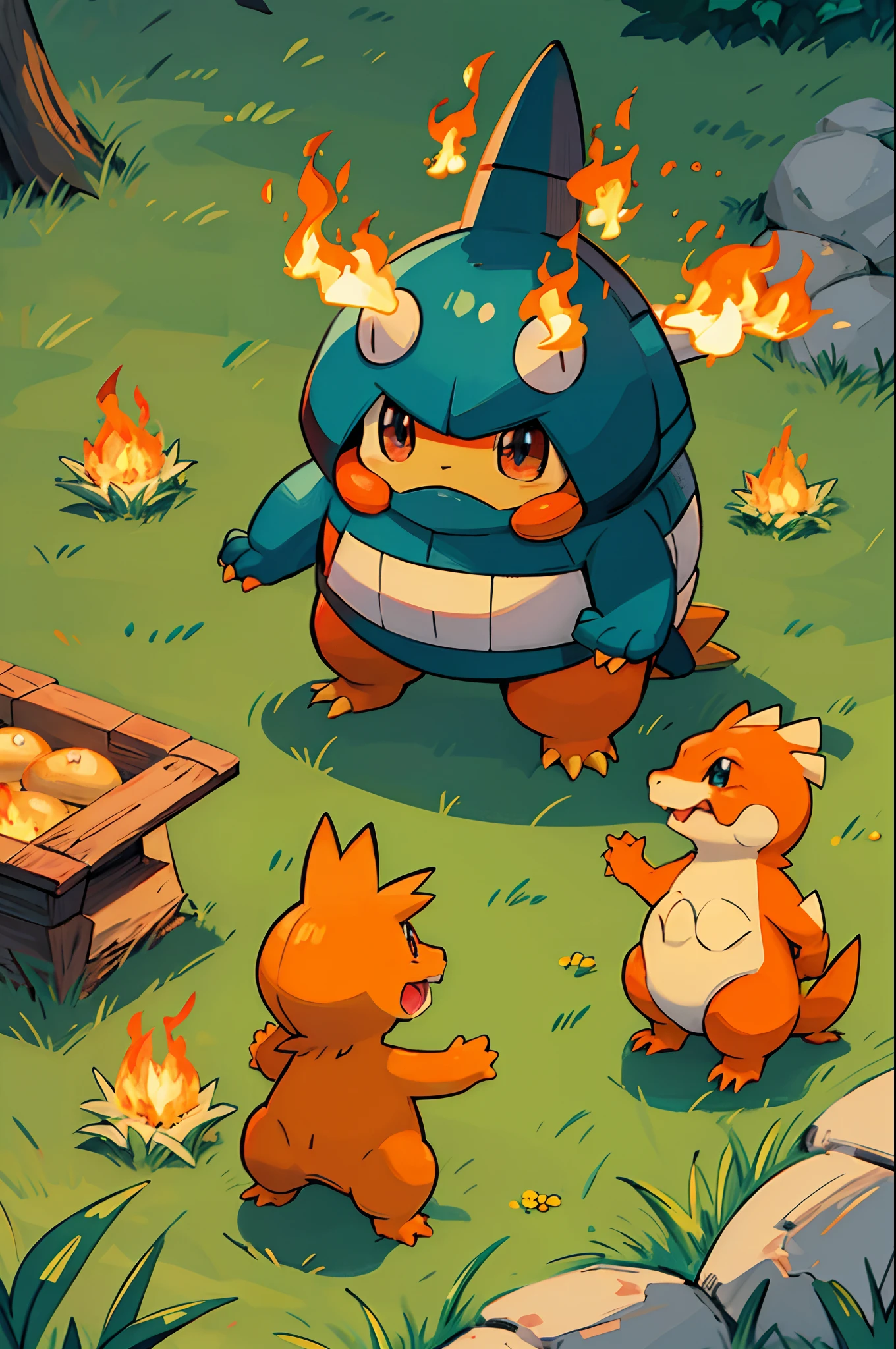 pokemon is standing in a grassy field with a fire in its hand, charmander, real life charmander, fire type, charizard, illustration pokemon, similar to pokemon, pokemon anime style, style of cute pokemon, fire red, for pokemon red and blue, style of pokemon, mika pikazo, pokemon art style, bread type pokemon