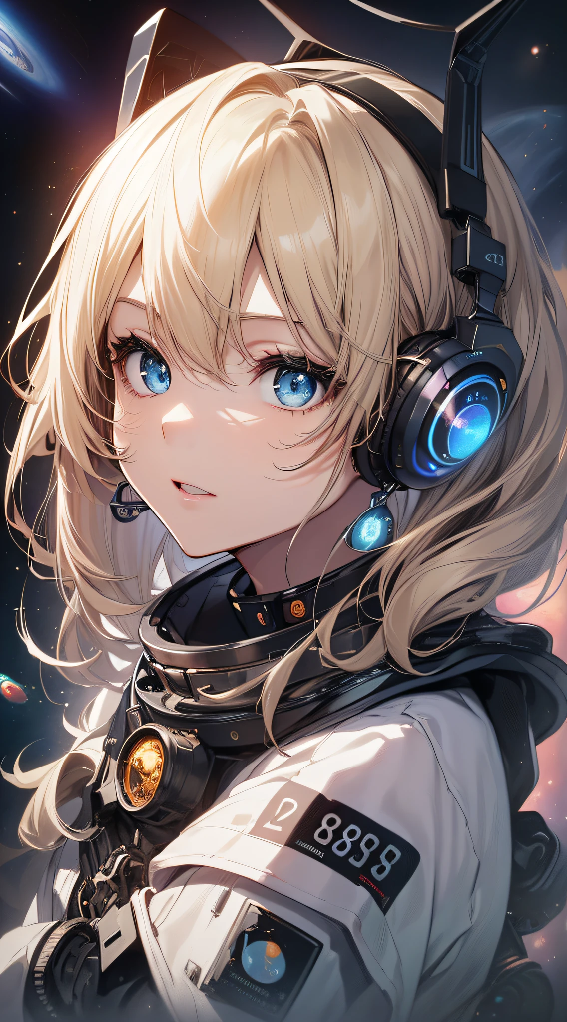 top-quality、Top image quality、masterpiece、girl with((18year old、Love of the Universe、Best Bust、Bust 85、a blond、poneyTail、,Beautiful blue eyes、open chest wide、Diamond earrings in the ears、Mechanical headphones,Hug your audience))hiquality、visualart、Background with((cosmic space))、Depth((black hole))