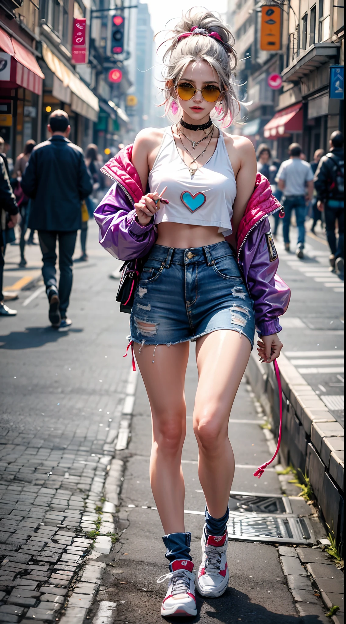 Full body walking girl, a burst of color in a dull world. Dyed hair in shades of pink, purple, and blue, cascading down her shoulders like a waterfall of candy. Bright green eyes, sparkling with mischief and curiosity. Yellow crop top, colorful heart on the chest, paired with a denim skirt that had patches of different patterns and colors. Red sunglasses, a silver necklace with a star pendant, rainbow bracelet. White sneakers with colorful laces and stickers. Cheerful and confident face. Epitome of colorful fashion, stood out from the crowd.