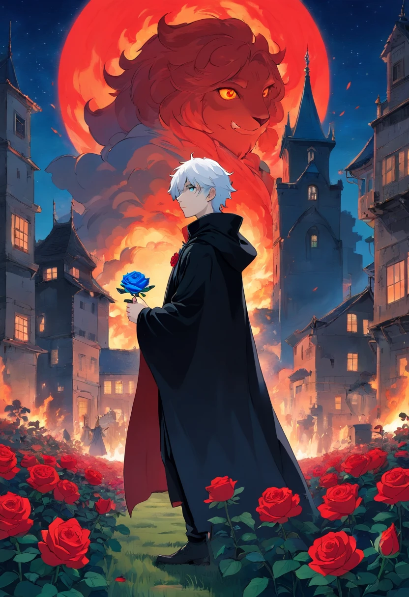 A young man with white hair and red eyes in a black outfit with a white cape with blue details holding a blue rose in his hand in a field of red roses at night in front of a burning building