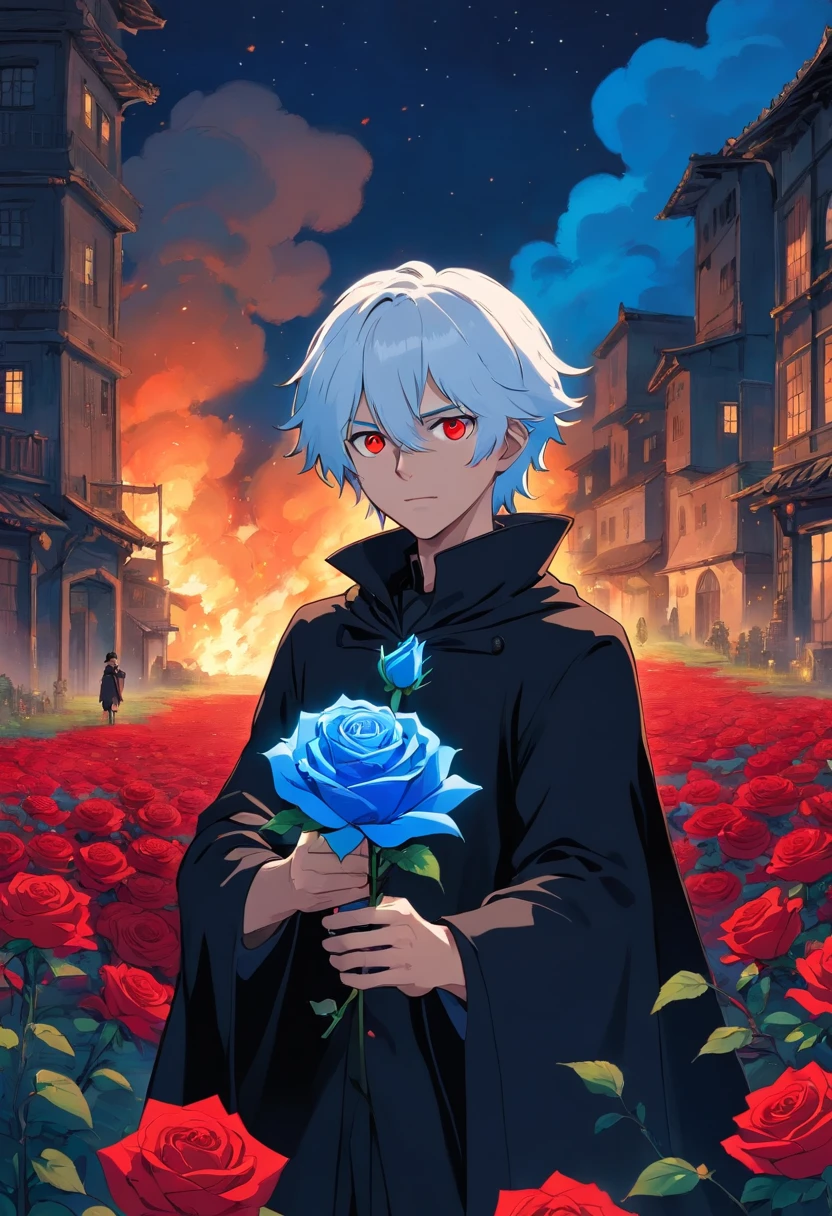 A young man with white hair and red eyes in a black outfit with a white cape with blue details holding a blue rose in his hand in a field of red roses at night in front of a burning building
