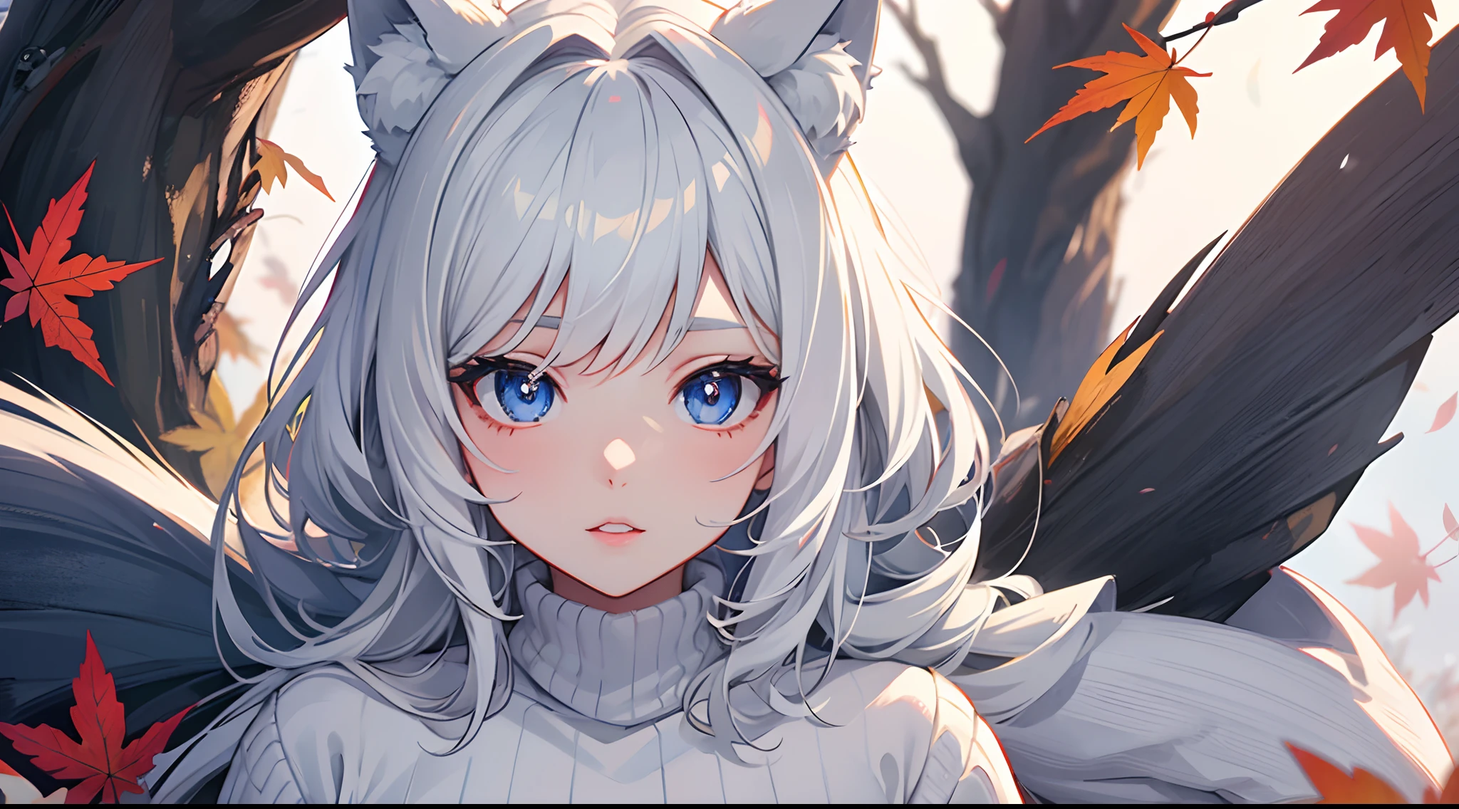 Autumn leaves, anime girl, wolf, close up, extremely detailed face, wolf,blue eyes, white hairs, extremely detailed, 4k wallpaper, sweater