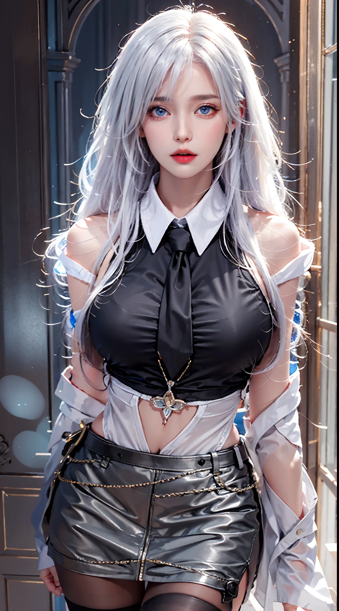 photorealistic, high resolution, soft lights, 1women, solo, hips up, blue eyes, white hair, long hair, close lips, collared shirt, black necktie,black skirt, pencil skirt, fur coat, stockings