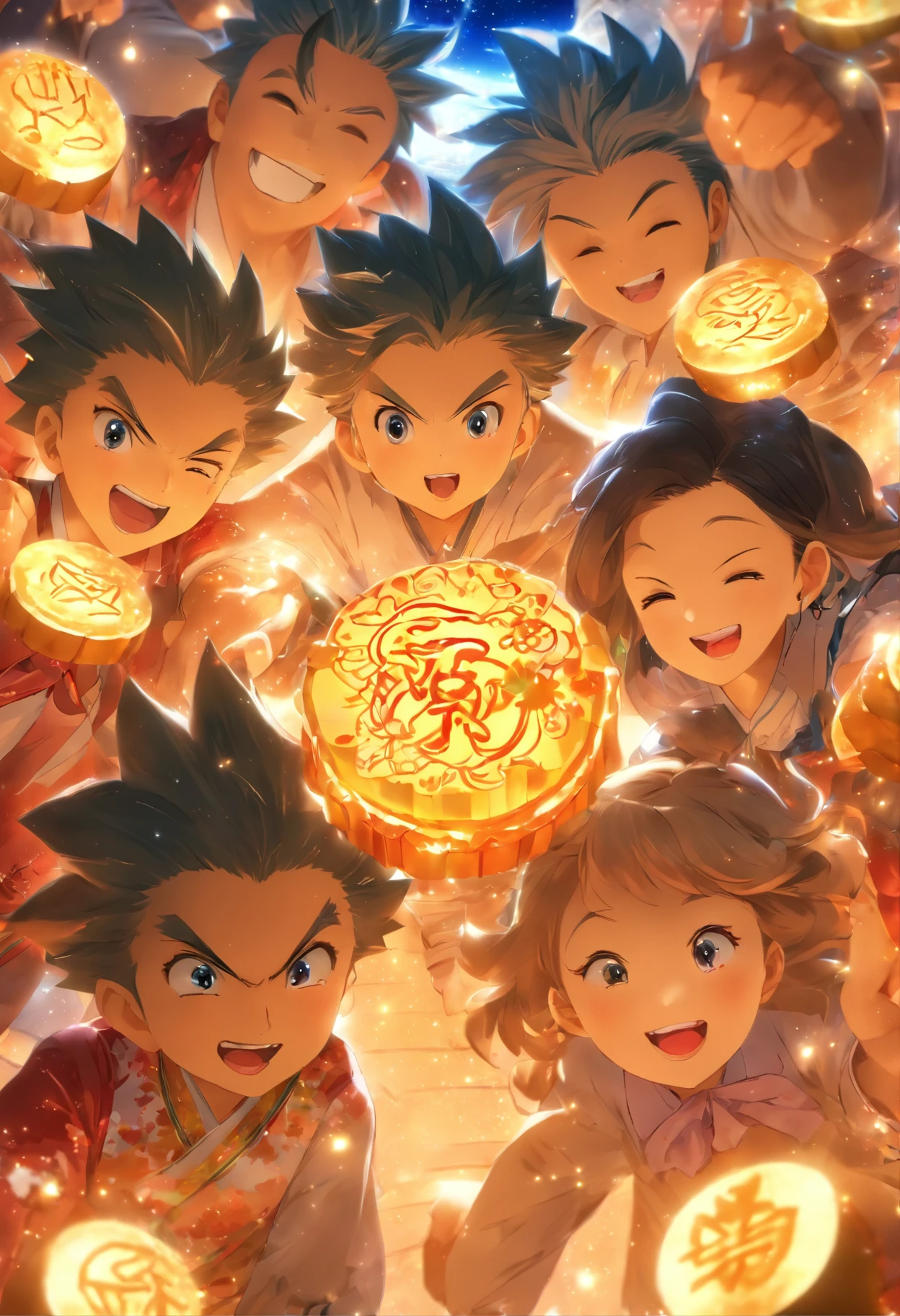 (top-quality、8K、tmasterpiece:1.3)、Full moon and stars in sky illustration,The family sits together eating mooncakes,Mom and dad laugh with the kids,Have in the living room、Bright house scene,extremely detailed face and skin,Heartwarming scene,perfect detail