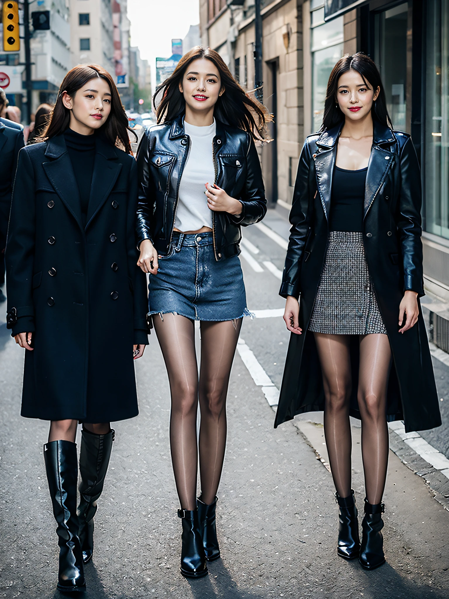 (RAW photo:1.2), (Photorealistic:1.4),Beautiful detailed woman,very detailed eyes and faces, A detailed eye, ultra - detailed, A high resolution, The is very detailed,best qualtiy,illustratio,unified,8k 壁纸,tmasterpiece,best qualtiy,A group of girls stood side by side,full bodyesbian,multipel Girls,Boots,trouser,4girl,cowboys,jaket,black black jacket,denim pant,blackfootwear,jewely,a skirt,long whitr hair,leathers,looking at viewert,brown hair,Over-the-knee boots,耳Nipple Ring,high-heels,jaqueta de couro,Open jacket,The shirt,high heels boots,Open clothes,obi strip,wavey hair,a black skirt,Black color hair,longer sleeves,standing on your feet