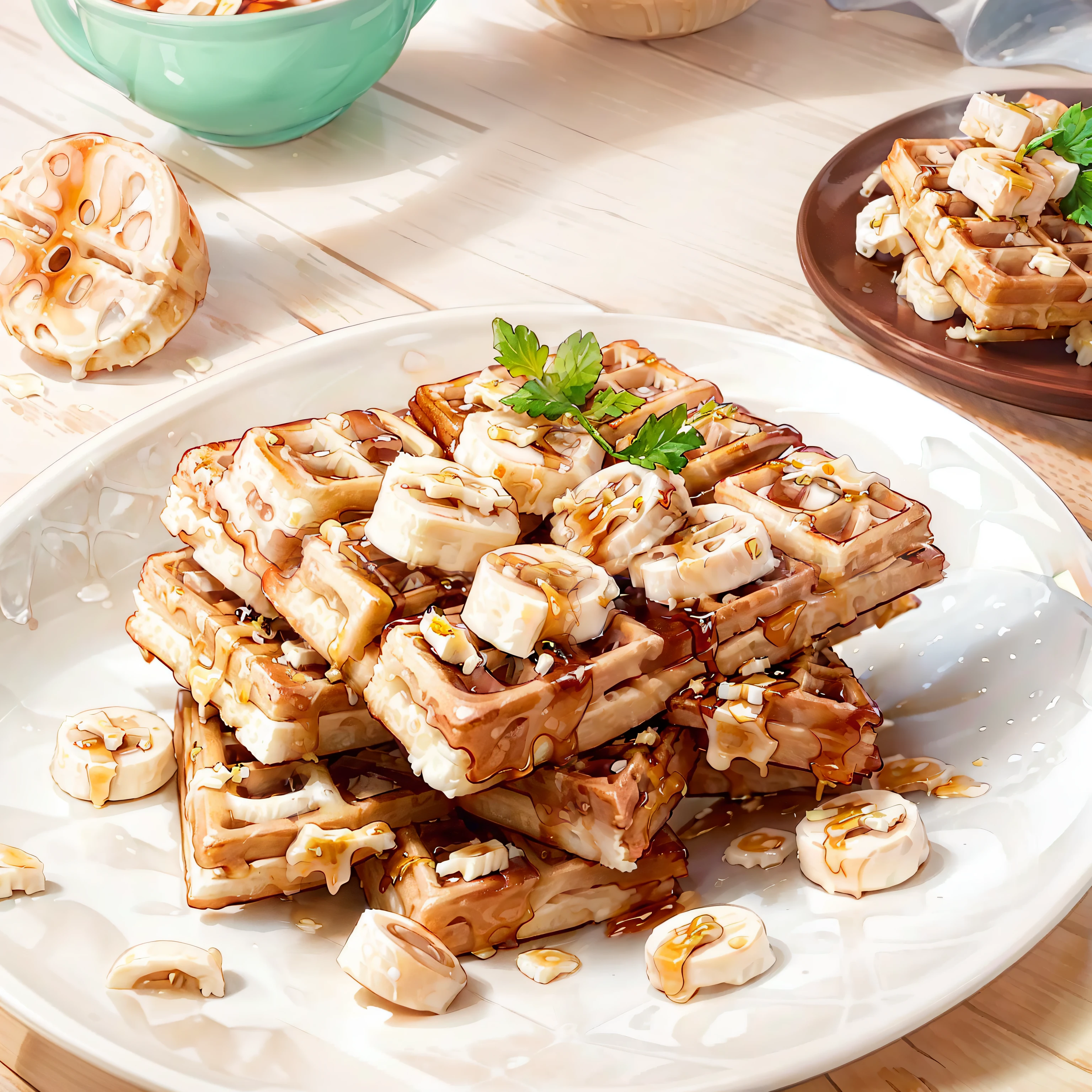 tmasterpiece,high high quality,best qualityer,Pour in the maple syrup waffles,(The waffles are topped with round slices of banana),Watercolor illustration style
