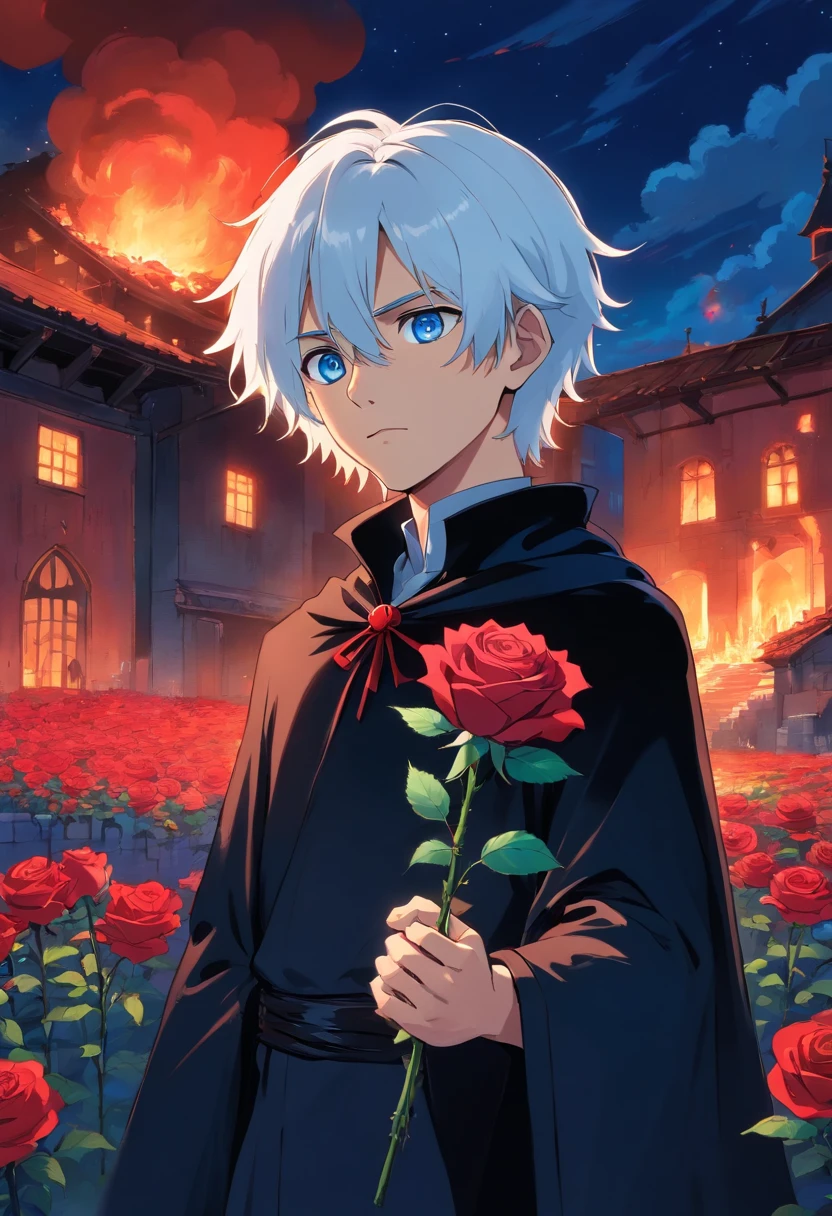 A young man with white hair and red eyes in a black outfit with a white cape with blue details holding a blue rose in his hand in a field of red roses at night in front of a burning building