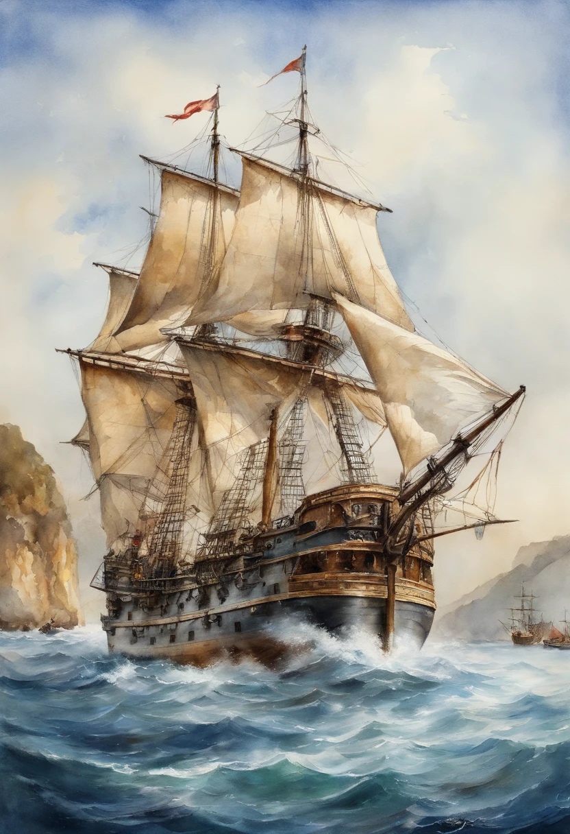 Best Quality, masuter piece, 超A high resolution, (Photorealistic:1.4), Raw photo, Professional Lighting, high-level image quality, high-detail, ​masterpiece、mare、Mare、Sunnyday、Pirate Ship、Sail ships、view from front、blue-sky