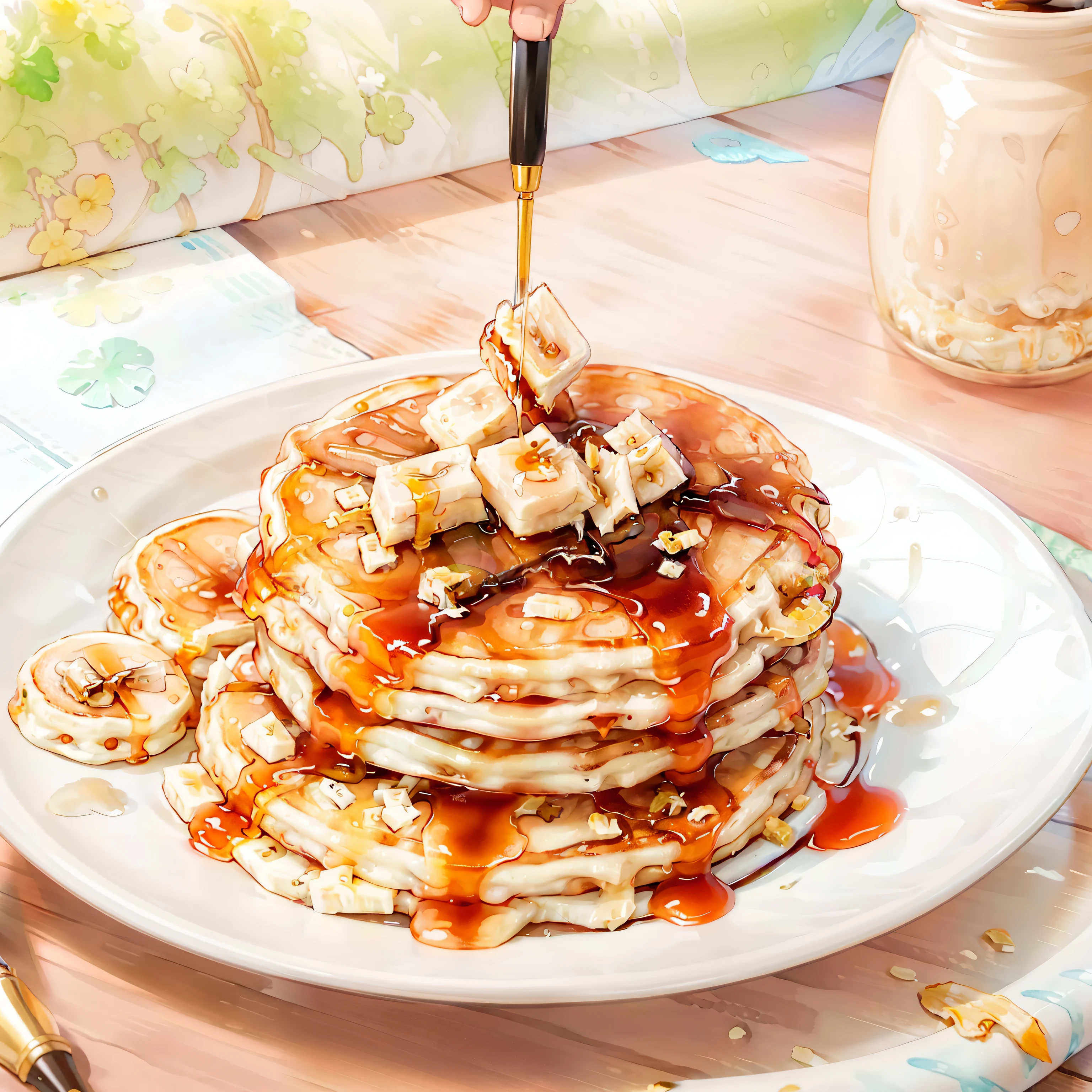 tmasterpiece,high high quality,best qualityer,Pour in the maple syrup pancakes,(Pancake and banana slices garnish),Watercolor illustration style,Pen mussels,exquisite line art,Colorful colors