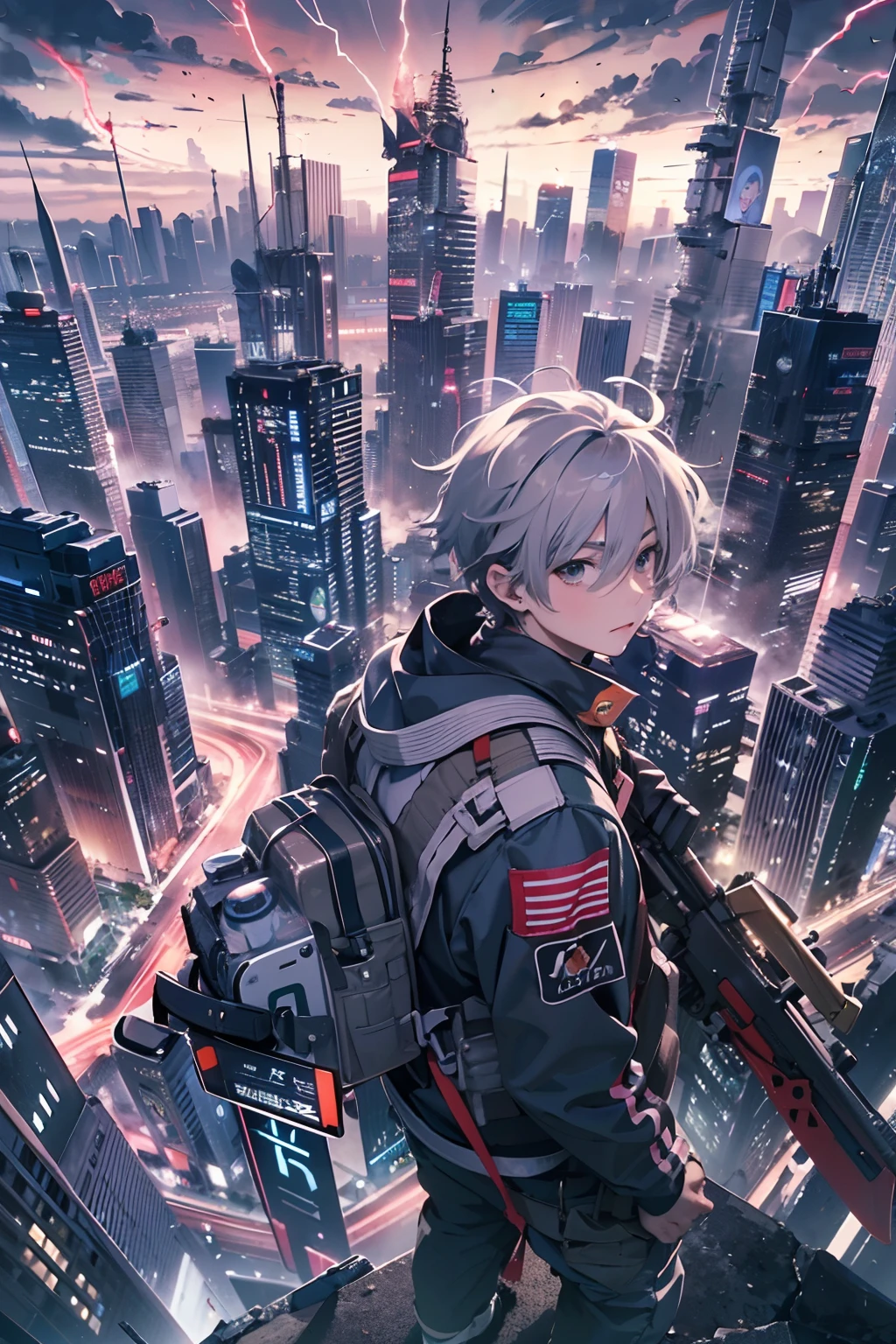 1boy,( boy:1.5)、Anime-style protagonist、Cyberpunk Boy、silber hair、Spiky hairstyle、machine gun、Japan sword on the back、Whole body bloody、Looking at the camera、Upper body only shots、Overhead view of the composition、The beginning of the adventure、Lots of clouds,heavy fog、Moon,Lightning、Chaotic city of the future、Movie dystopia、A group of very tall skyscrapers stands in the center、Very complex cityscape,Crowded Chinese skyscrapers、Tall radio tower、Trees、street signs、streetlights、taxis、buses、Train、Warm lighting,Dark road、puddles、Chaotic、Beautiful and fantastic scenery、Cinematic scenery、hightquality、masutepiece,in 8K、hight resolution、
