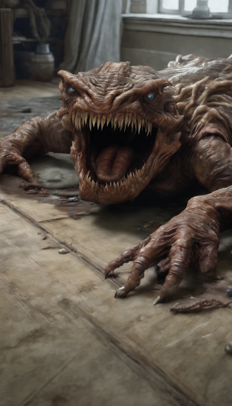 there is a creepy creature that is laying on the floor, the monster under the bed, horror, underneath