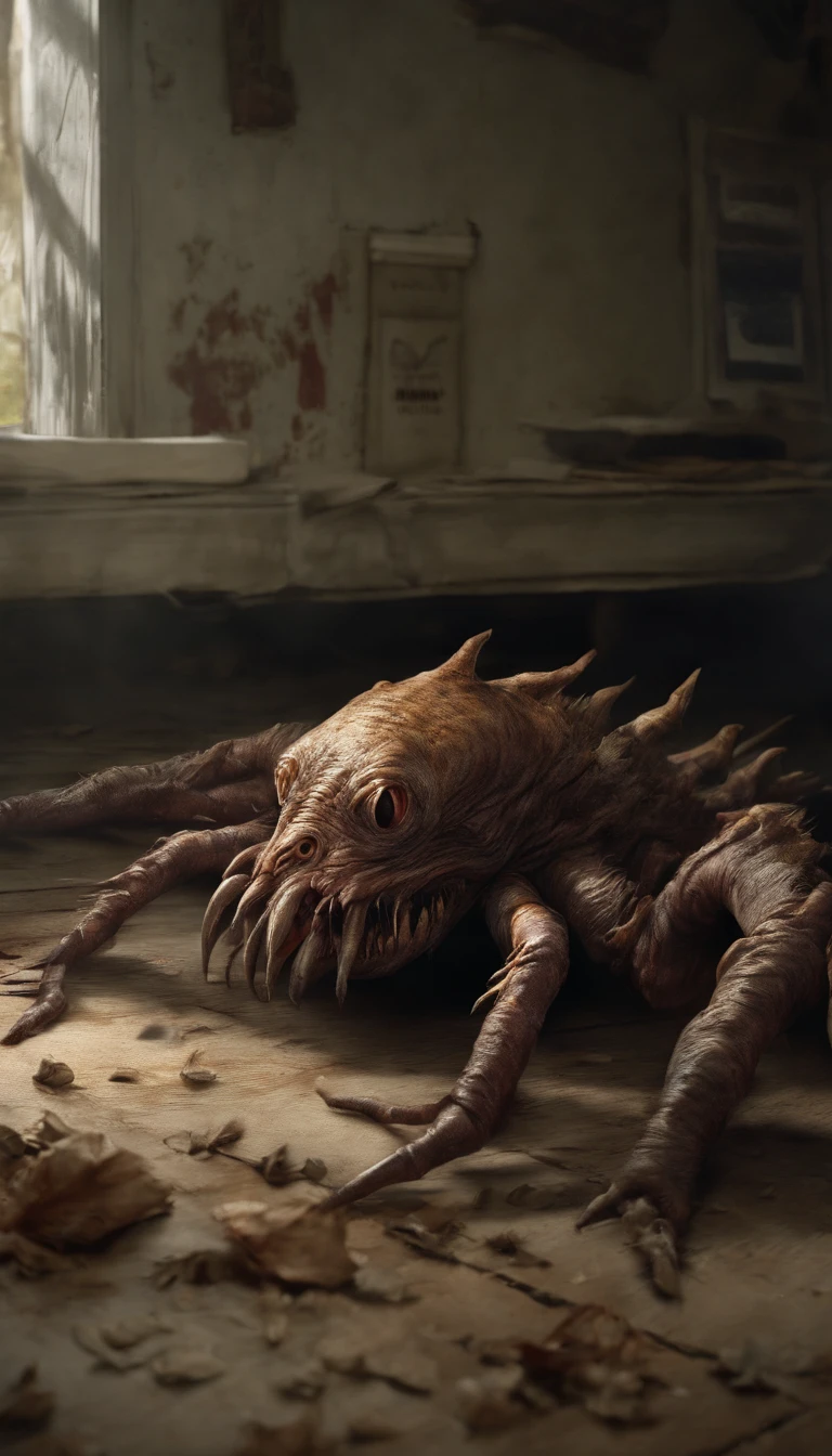 there is a creepy creature that is laying on the floor, the monster under the bed, horror, underneath