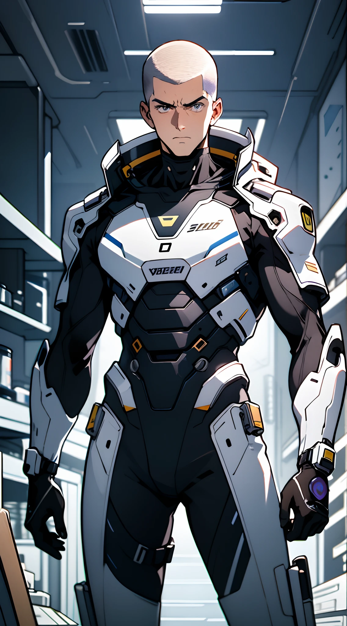 A man with a crew cut, a calm and rational expression, a wise gaze, wears a futuristic scientist's coat, primarily in shades of white, accented by touches of blue and purple, matching utility pants, standing in a mysterious laboratory of an ancient and advanced civilization, with a high-tech incubation tank emitting a faint glow in the background, this character embodies a finely crafted a futuristic sci-fi scientist in anime style, characterized by an exquisite and mature manga illustration art style, high definition, best quality, highres, ultra-detailed, ultra-fine painting, extremely delicate, professional, anatomically correct, symmetrical face, extremely detailed eyes and face, high quality eyes, creativity, RAW photo, UHD, 8k, Natural light, cinematic lighting, masterpiece:1.5