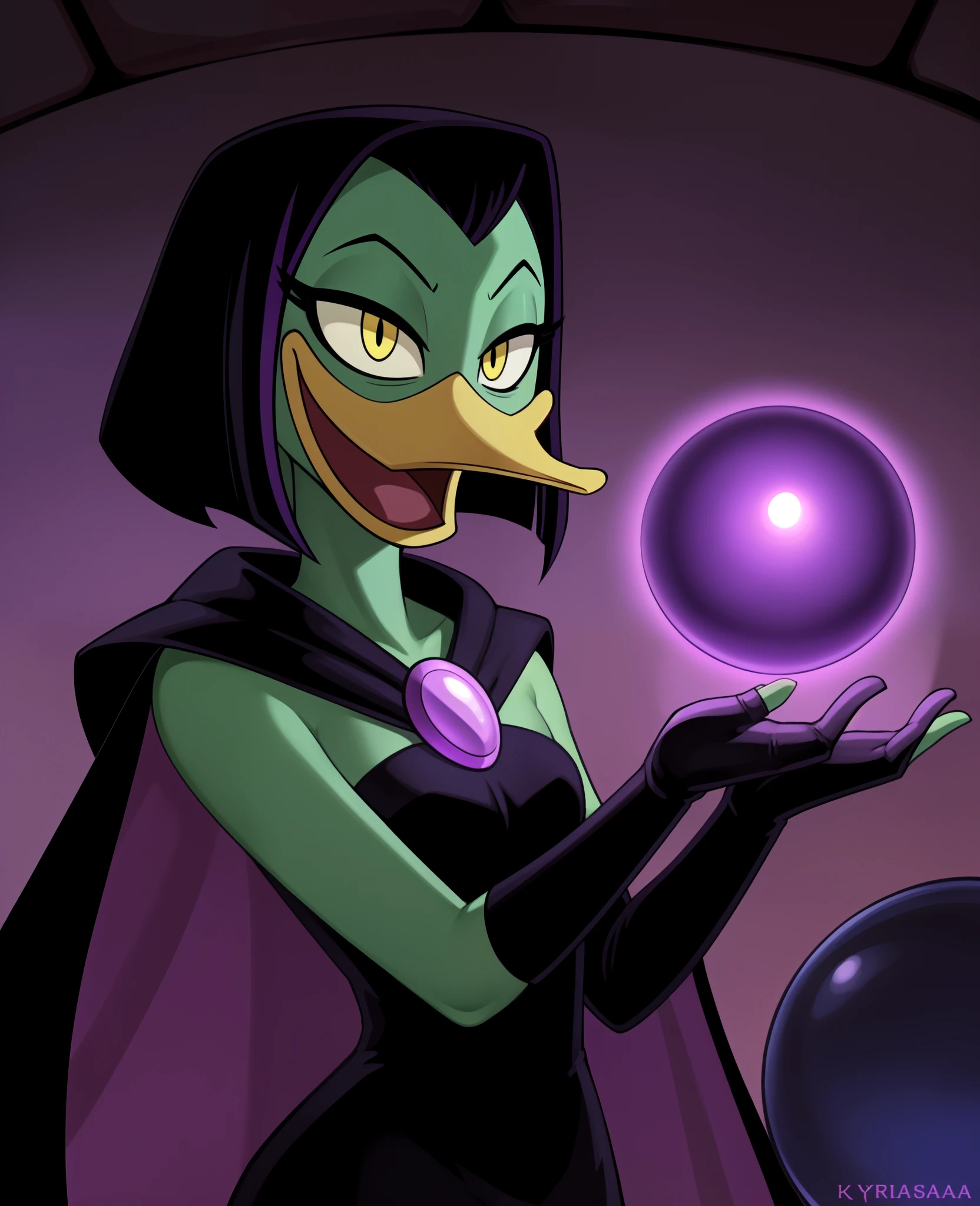 (ducktales) (by kyurisawa:1.2) (by chelodoy:1) (by ashraely:1) BREAK (magic, magic user, purple energy, energy ball:1.3) (duck) (magica de spell) (black hair) (beak) (yellow eyes) (laughing)  (green skin:1.2) (solo:1.1) (clothed:1.3) (inside) ( dungeon:1.1) (fingerless gloves, elbow gloves) (black dress:1.4) (cape:1.3)