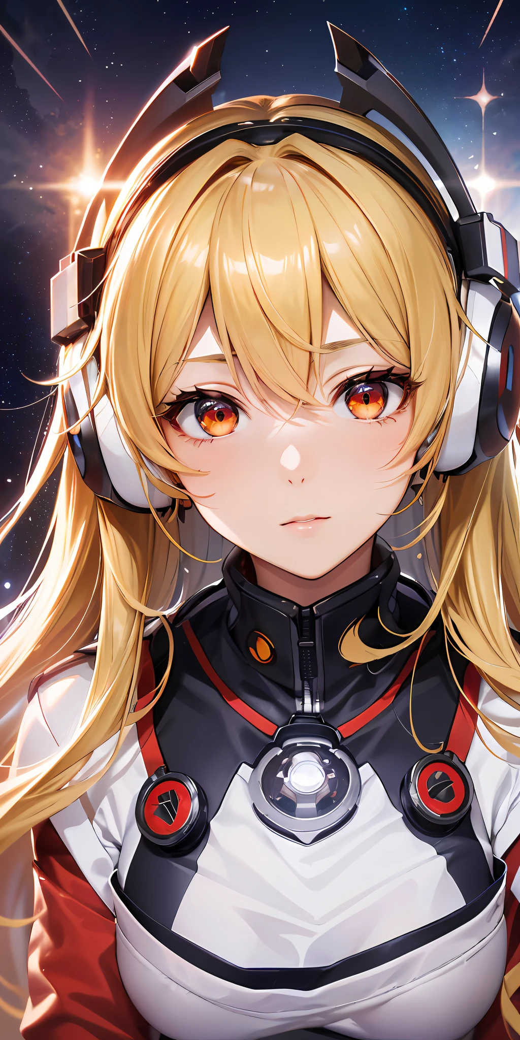 (Top view), Dynamic angle, Ultra detailed, Illustration, Close up, Straight Straight, 1 Girl,
 ((Souryuu Asuka Lanley, interface headphones, red tights: 1.4, blonde)), full of red, her eyes shining like dreamy stars, (glowing eyes: 1.233), (beautiful and detailed eyes: 1.1), (expressionless, mouth closed), (standing),
(mechanical compartment with tools and spaceship windows in a white spaceship),
(night: 1.2), dreamy, [[slender fingers and hands: 0.55]::0.85], (detail fingers),