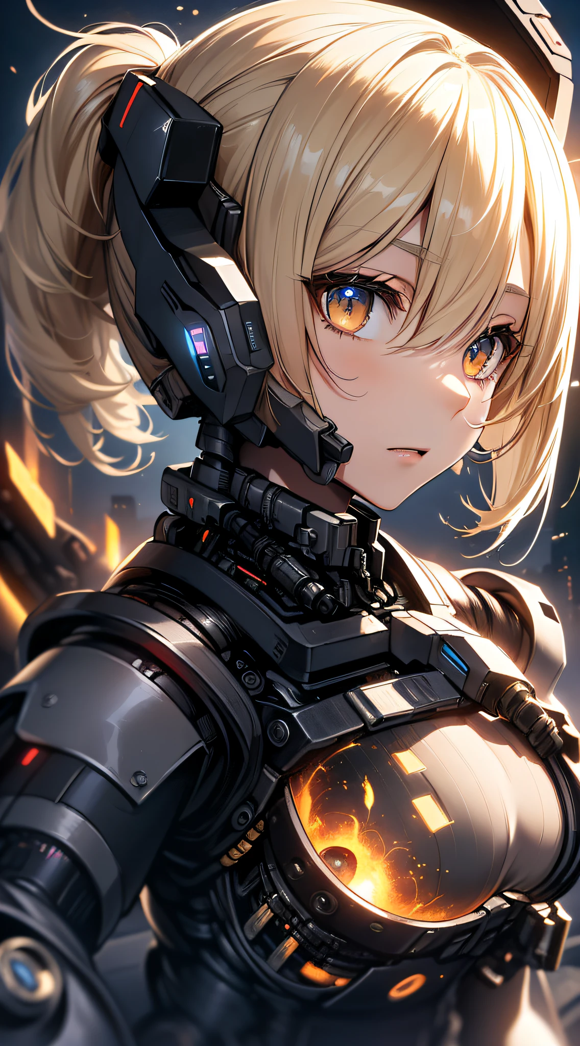 top-quality、Top image quality、masterpiece、Mecha Girl((18year old、Black and white mechanical parts、Beautiful robotic arm,Black tights,Best Bust、Bust 100、a blond、poneyTail、Breasts wide open,Large valley visible、、Goldeye、Dye cheeks、Strong eye power、Looking down on the viewer、black head、Armament preparation))hiquality、visualart、Background with((World of the Apocalypse、Black sky、))、Depth((Mass Android))