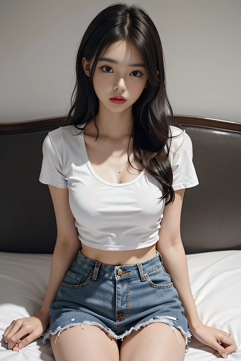 Girl posing for photo in white bra and tight denim skirt,full bodyesbian,With a cropped T-shirt、brassier,Slim body,Smaller bust,Slim girl model,24 years old female model,Lie down