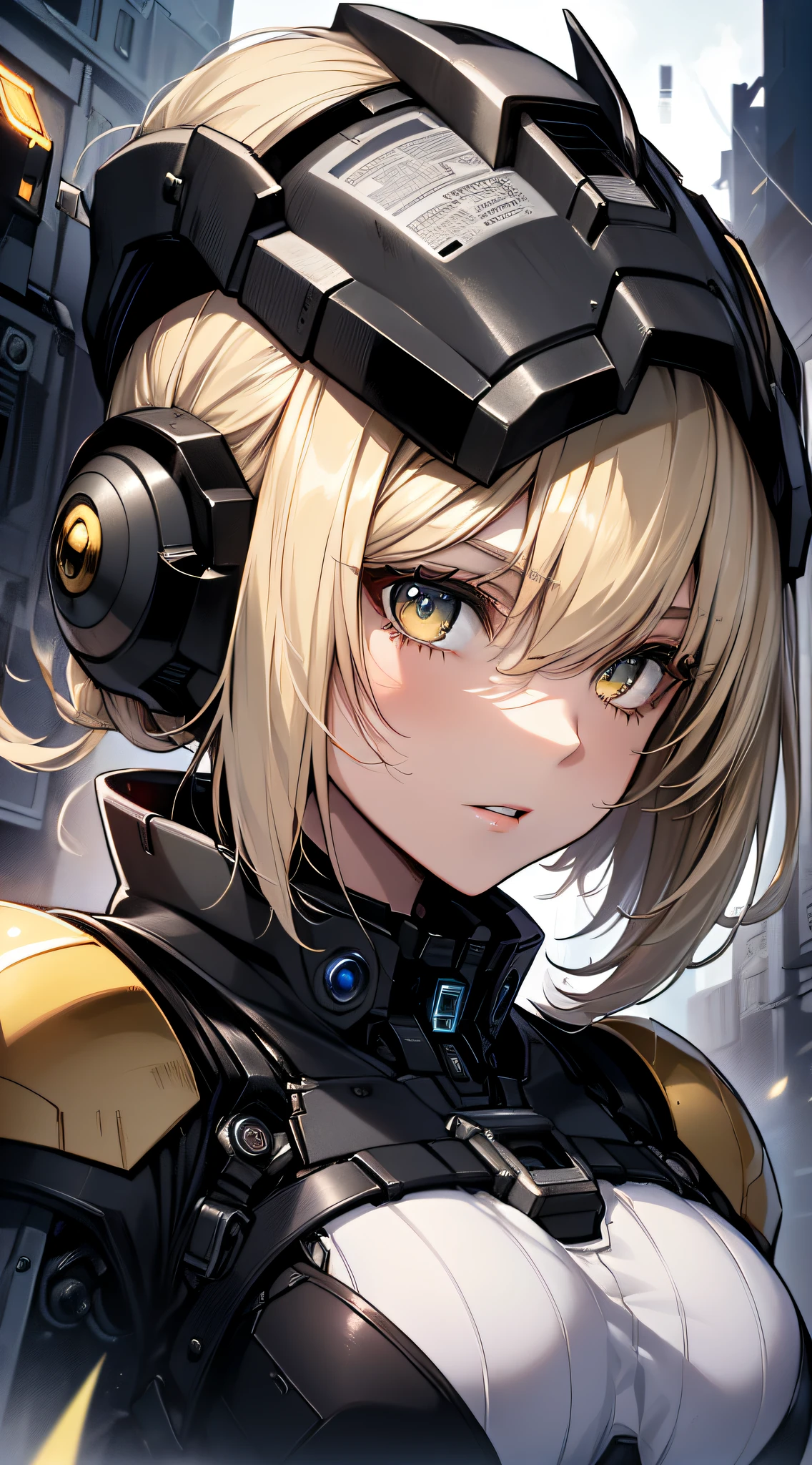 top-quality、Top image quality、masterpiece、Mecha Girl((18year old、Black and white mechanical parts、Beautiful robotic arm,Black tights,Best Bust、Bust 100、a blond、poneyTail、Breasts wide open,You can see a large valley、、Goldeye、Dye cheeks、Strong eye power、Looking down on the viewer、black head、Armament preparation))hiquality、visualart、Background with((World of the Apocalypse、Black sky、))、Depth((Android Legion))