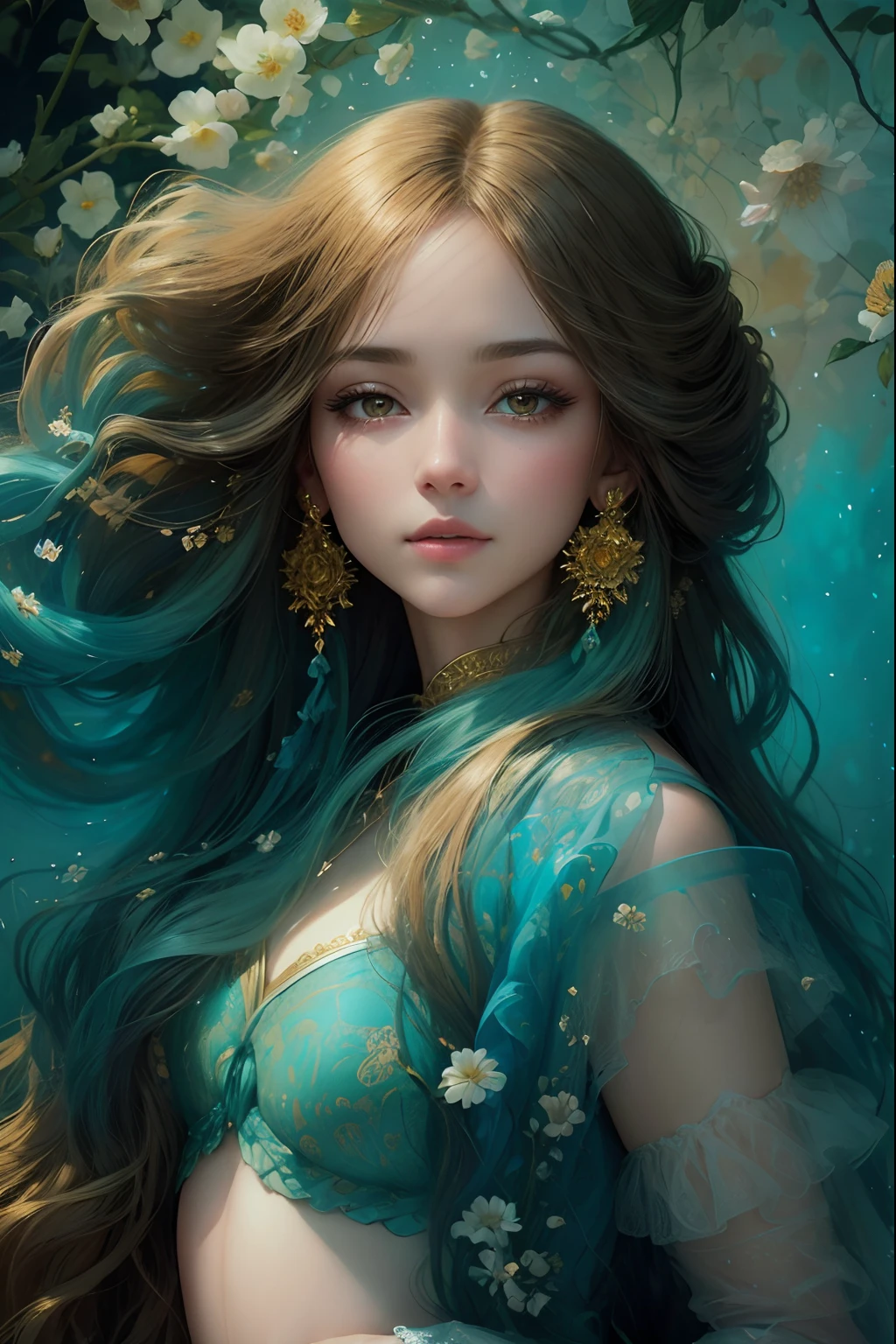 high quality, 8K Ultra HD, full color, etching aquatint, fine lines and shadows, In the heart of Floral Fantasy Wonderland, behold a captivating and ethereal spirit of a beautiful maiden, gracefully adorned with the essence of blooming flowers. Her golden long flowing hair, like silken threads of golden, cascades gracefully down her back, interwoven with delicate floral accents that mirror the surrounding blooms. Her eyes, the color of the deepest autumn yellows golds and oranges, sparkle with a hint of magic and mystery, reflecting the beauty of the floral symphony that surrounds her. In her hand, she holds a delicate bouquet of the most exquisite flowers, their vibrant colors mirroring her own radiant aura. With the clarity and detail of 8K Ultra HD images, every petal, every hue, and every expression of her otherworldly charm come to life in vivid splendor,